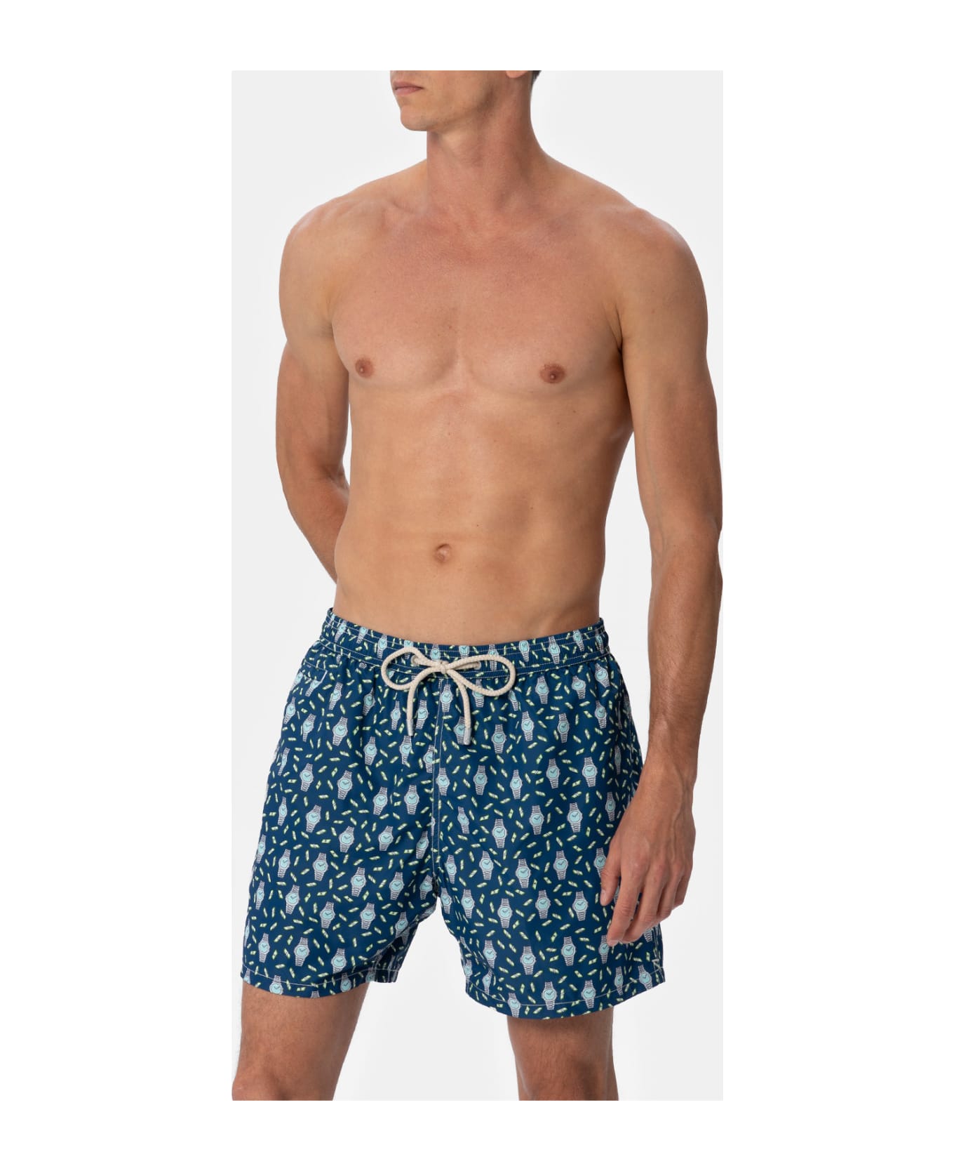 MC2 Saint Barth Man Lightweight Fabric Swim-shorts Lighting Micro Fantasy With Watches Print - BLUE NAVY