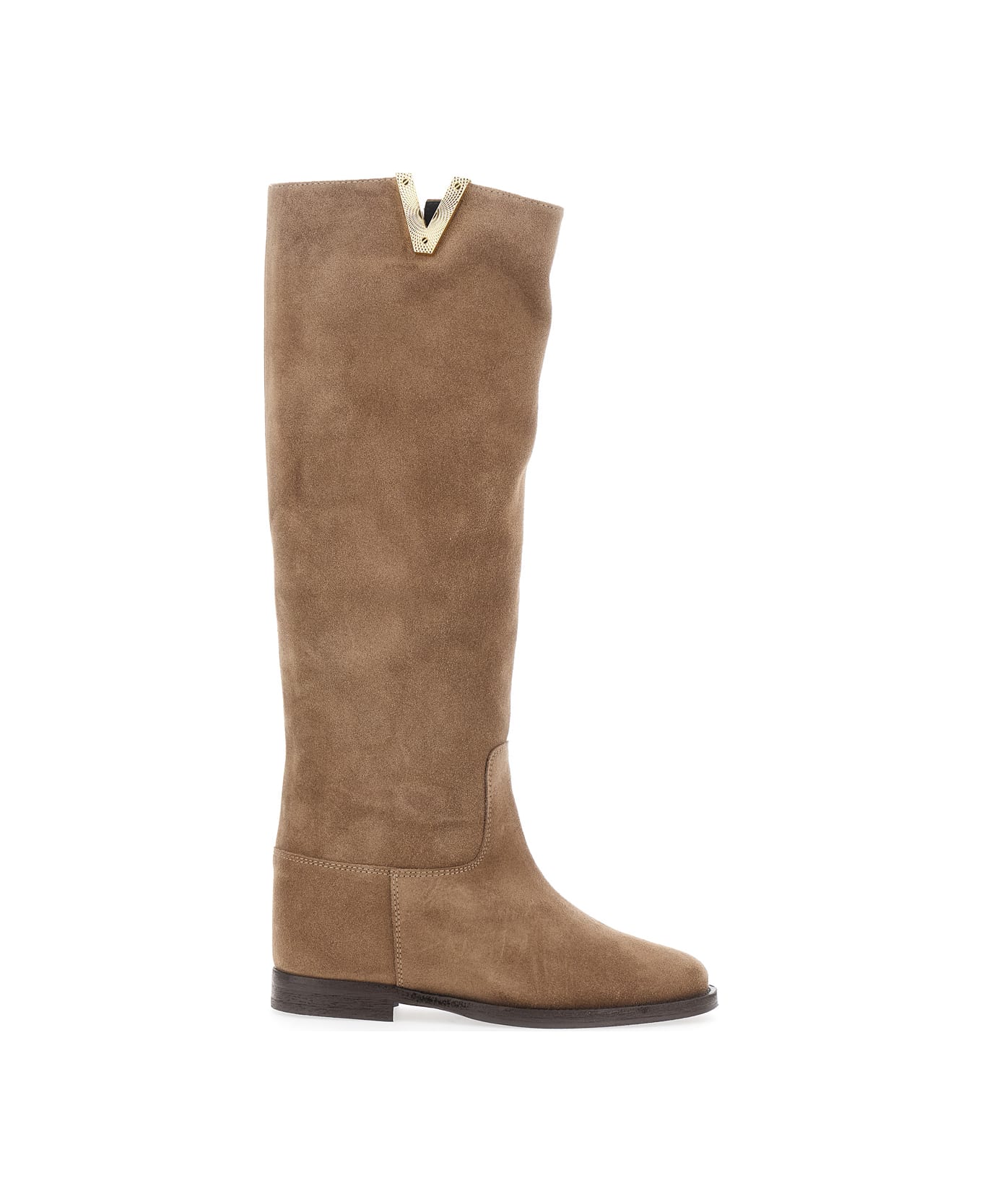 Via Roma 15 Beige Knee-high Boots With Cut-out On The Side And Logo Plaque In Suede Woman - Beige