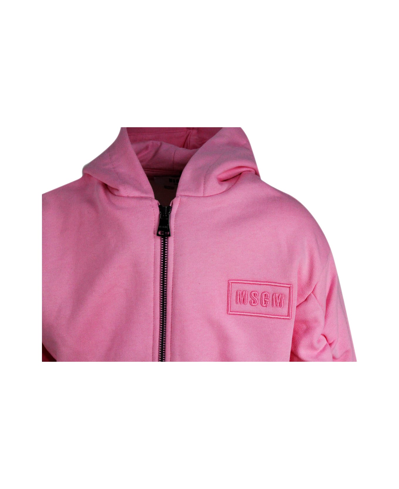 MSGM Cotton Sweatshirt With Hood With Side Pockets, Zip Closure And Writing - Pink