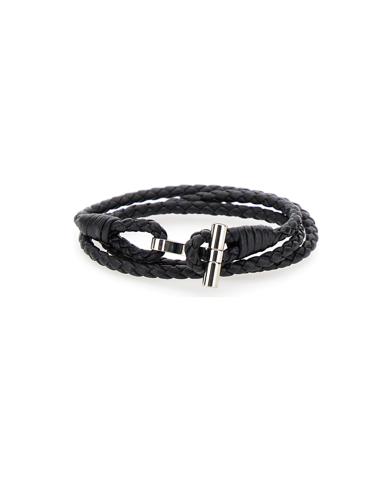 Tom Ford Black Bracelet With T Detail In Braided Leather Man - Black