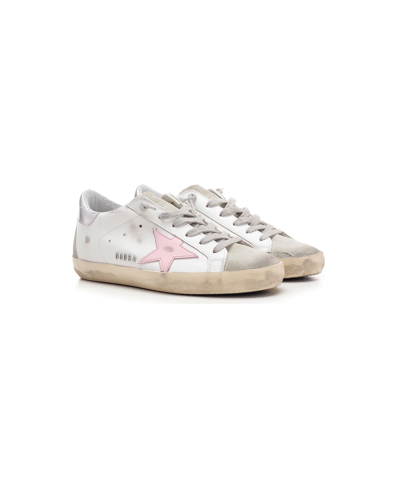 Golden Goose Super-star Leather Upper And Star Suede Toe And Spur Laminated Heel Metal Lettering - White/Ice/Orchid Pink/Silver スニーカー