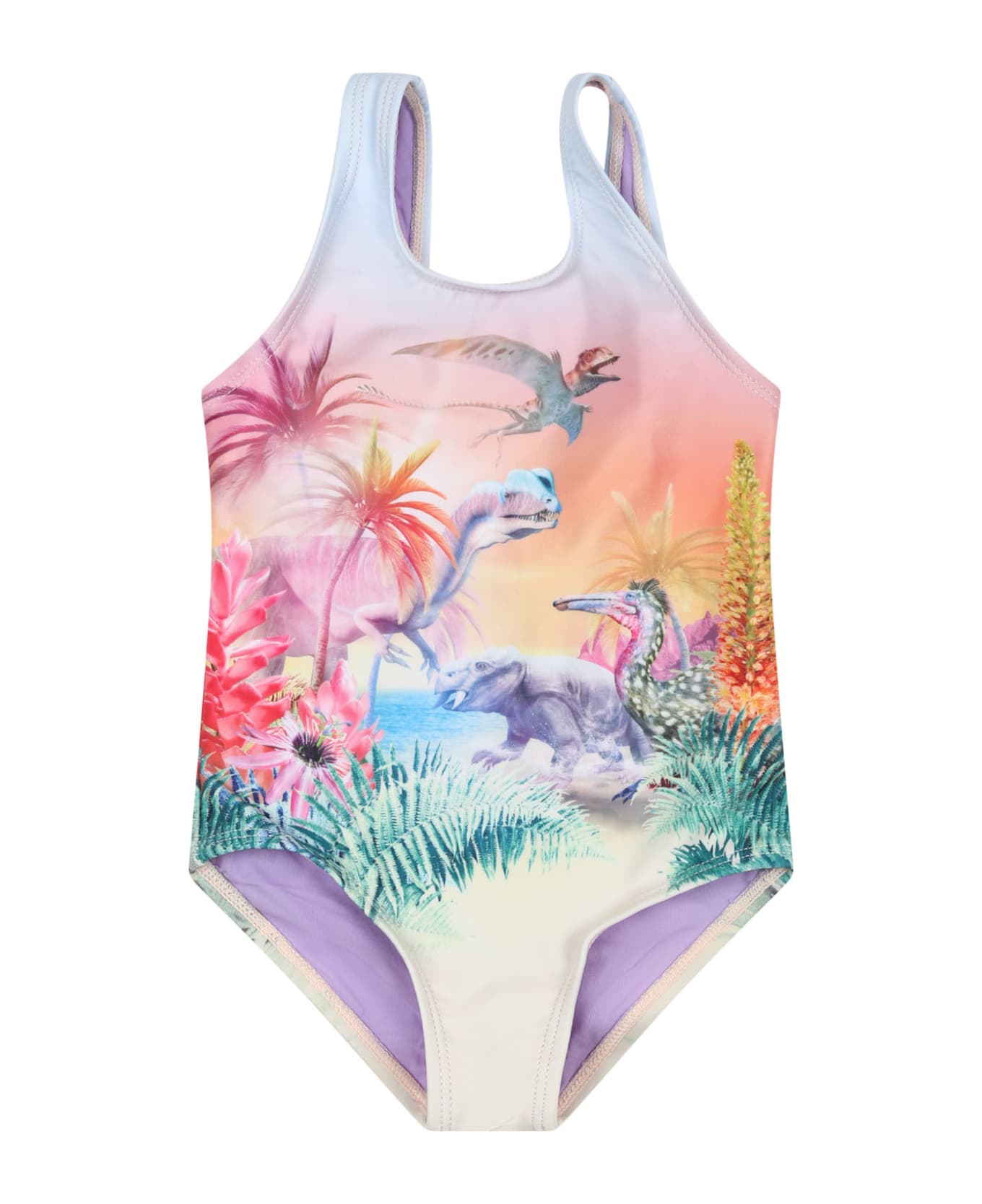 Molo Purple One-piece Swimsuit For Bebe Girl With Dinosaur Print - Multicolor 水着