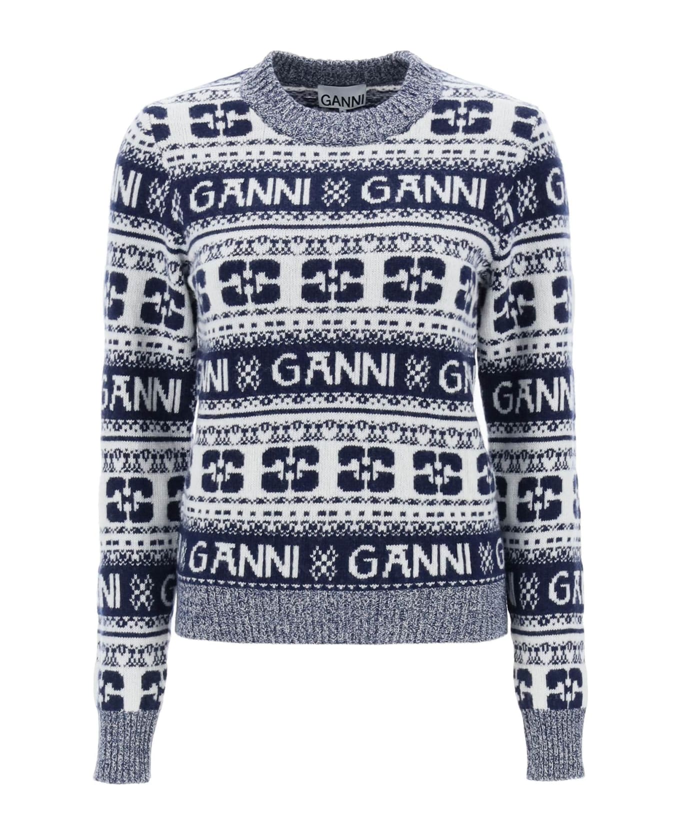Ganni Jacquard Wool Sweater With Logo Pattern - SKY CAPTAIN (White)