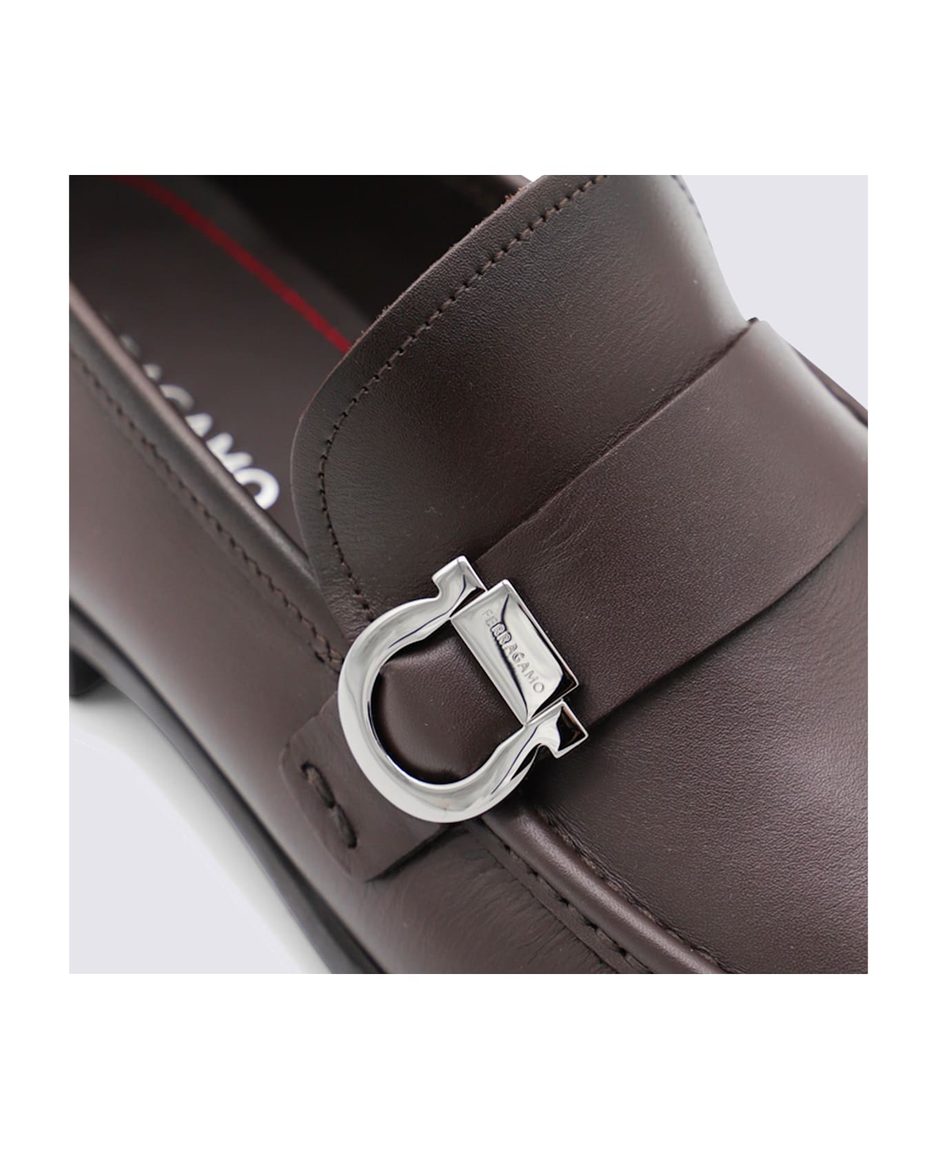 Ferragamo Dark Brown Leather Gancini Loafers - TESTA MORO