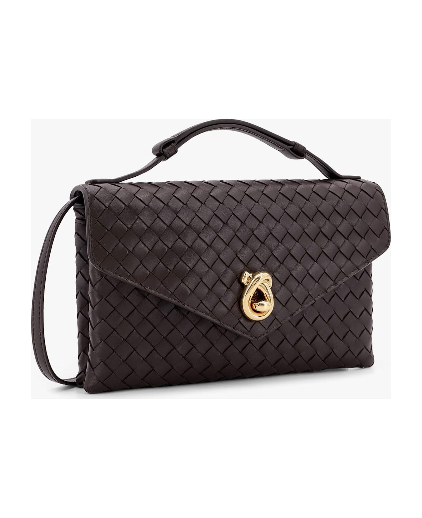 Bottega Veneta Knot Lock Leather Shoulder Bag With Intrecciato Motif - BROWN