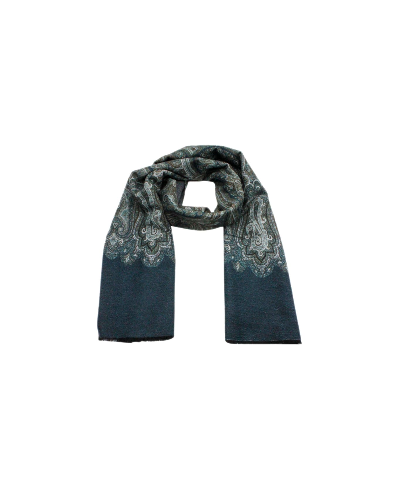Kiton Light Scarf With Small Fringes At The Bottom With A Patterned Motif - Green スカーフ