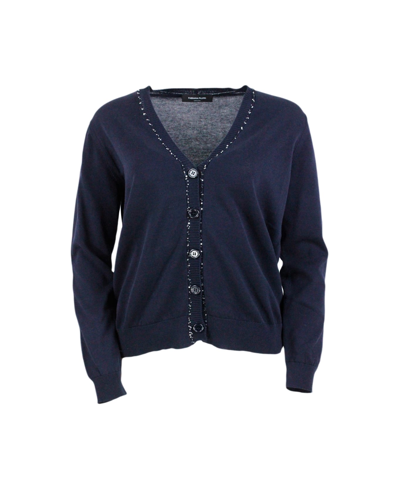 Fabiana Filippi Long-sleeved Cardigan Sweater With Buttons In Fine Cotton Embellished With Brilliant Applied Micro-sequins - Blu
