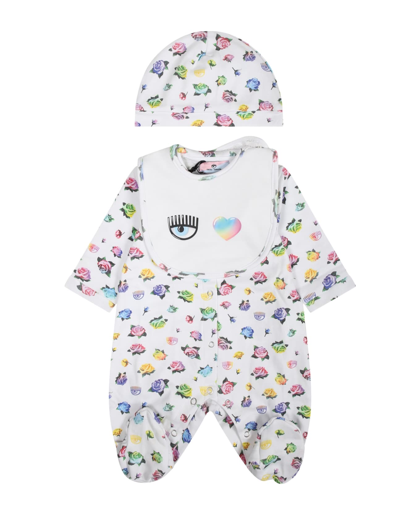 Chiara Ferragni Pink Playsuit For Baby Girl With Flirting Eyes And Multicolor Roses - White ボディスーツ＆セットアップ