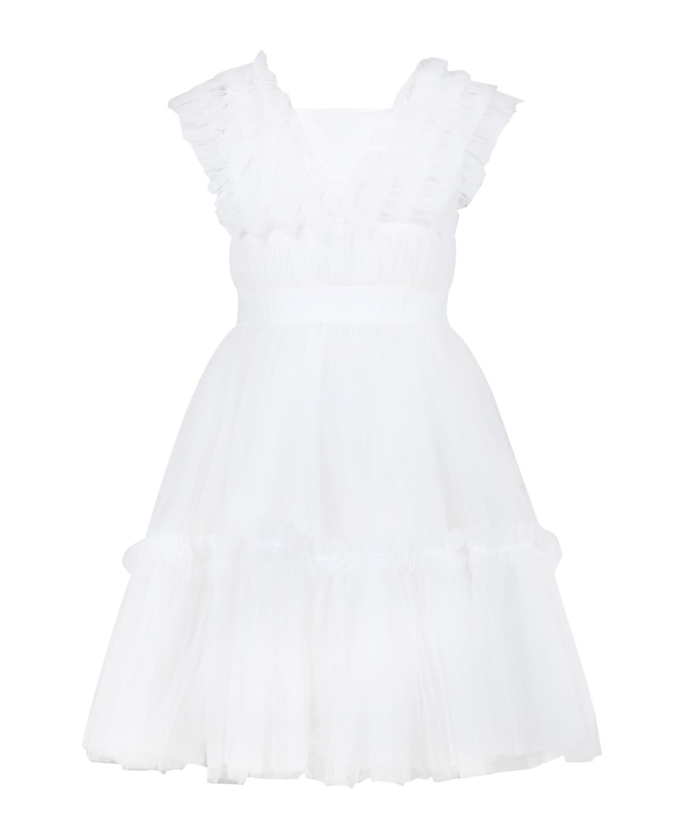 Monnalisa Elegant White Dress For Girl With Tulle - White ワンピース＆ドレス