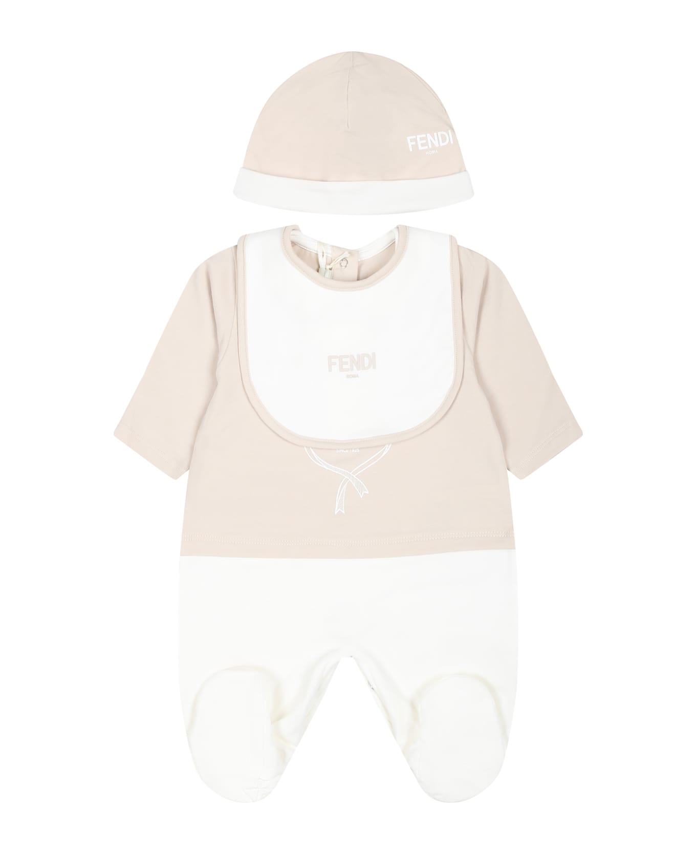 Fendi Beige Babygrow Set For Babykids With Fendi Emblem - Beige ボディスーツ＆セットアップ