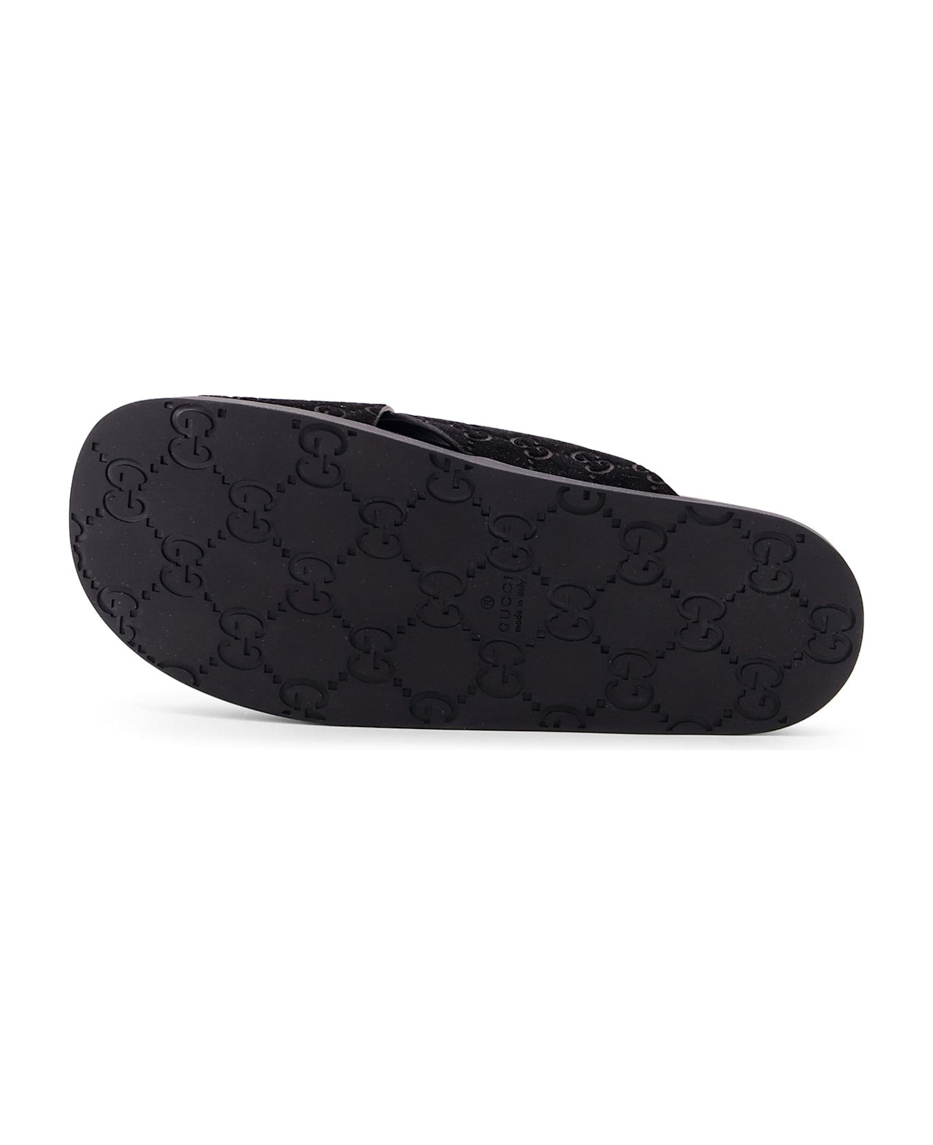 Gucci Leather Slides With All-over Gg Motif - Black