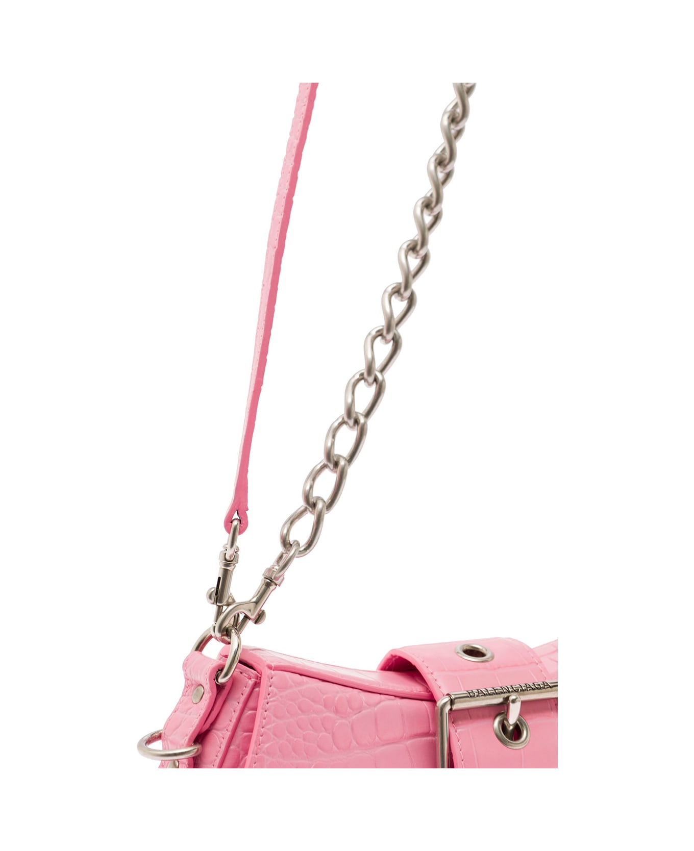 Balenciaga Lindsay Pink Small Shoulder Bag With Strap In Matte Crocodile Embossed Leather Wth Aged-silver Hardware Balenciaga Woman - Pink