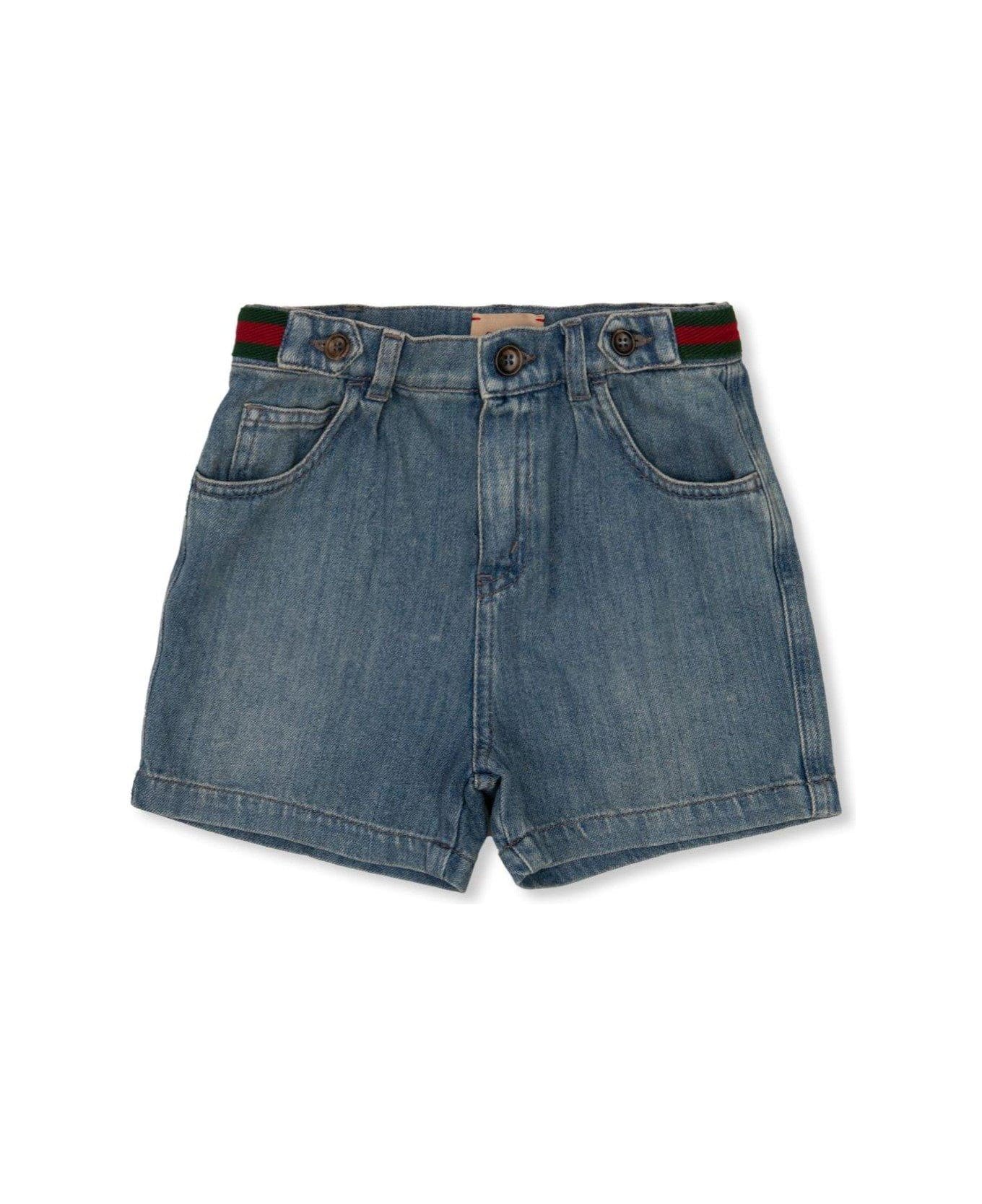 Gucci Web Detailed Mid-rise Denim Shorts - Blue