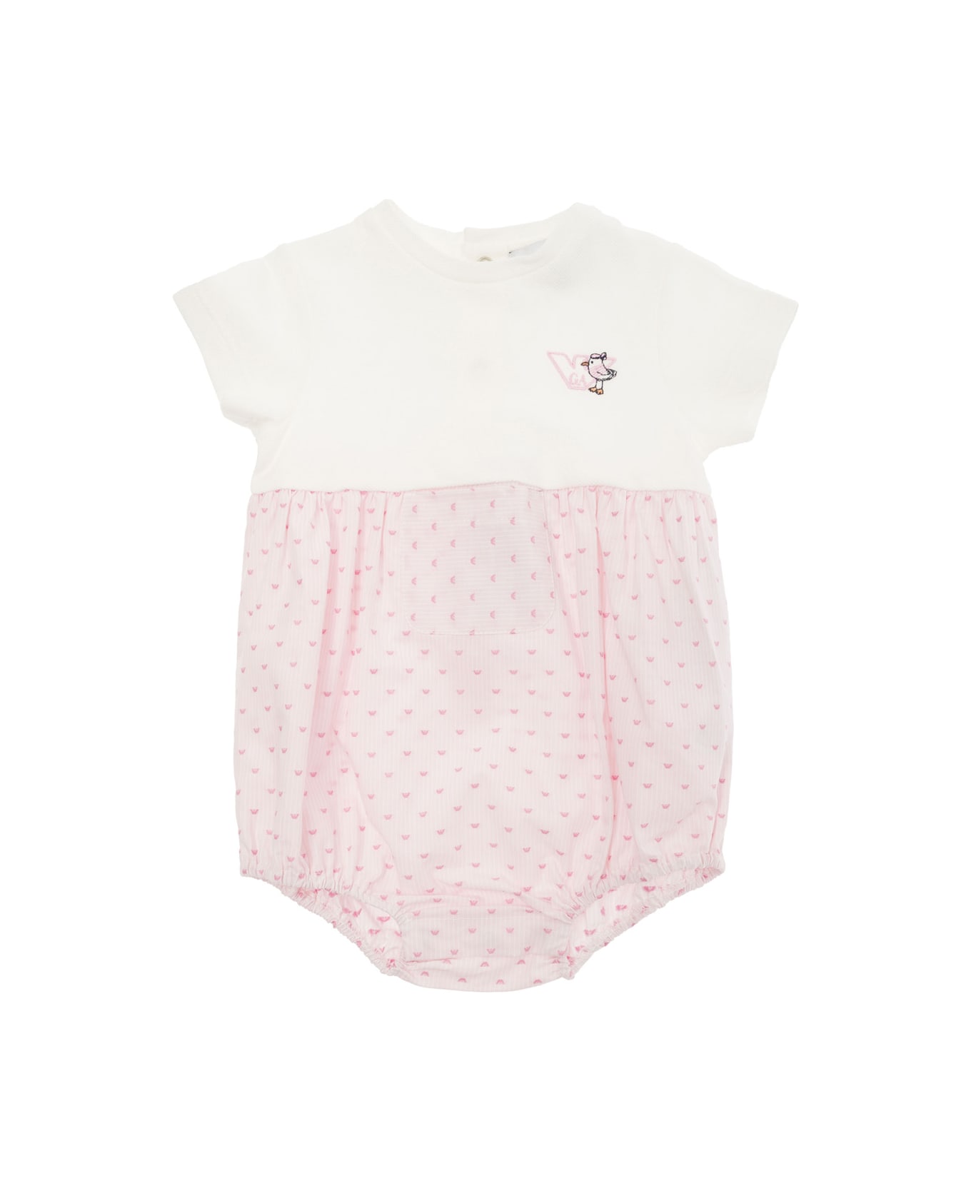 Emporio Armani Pink And White Romper With Logo Print In Cotton Baby - Pink
