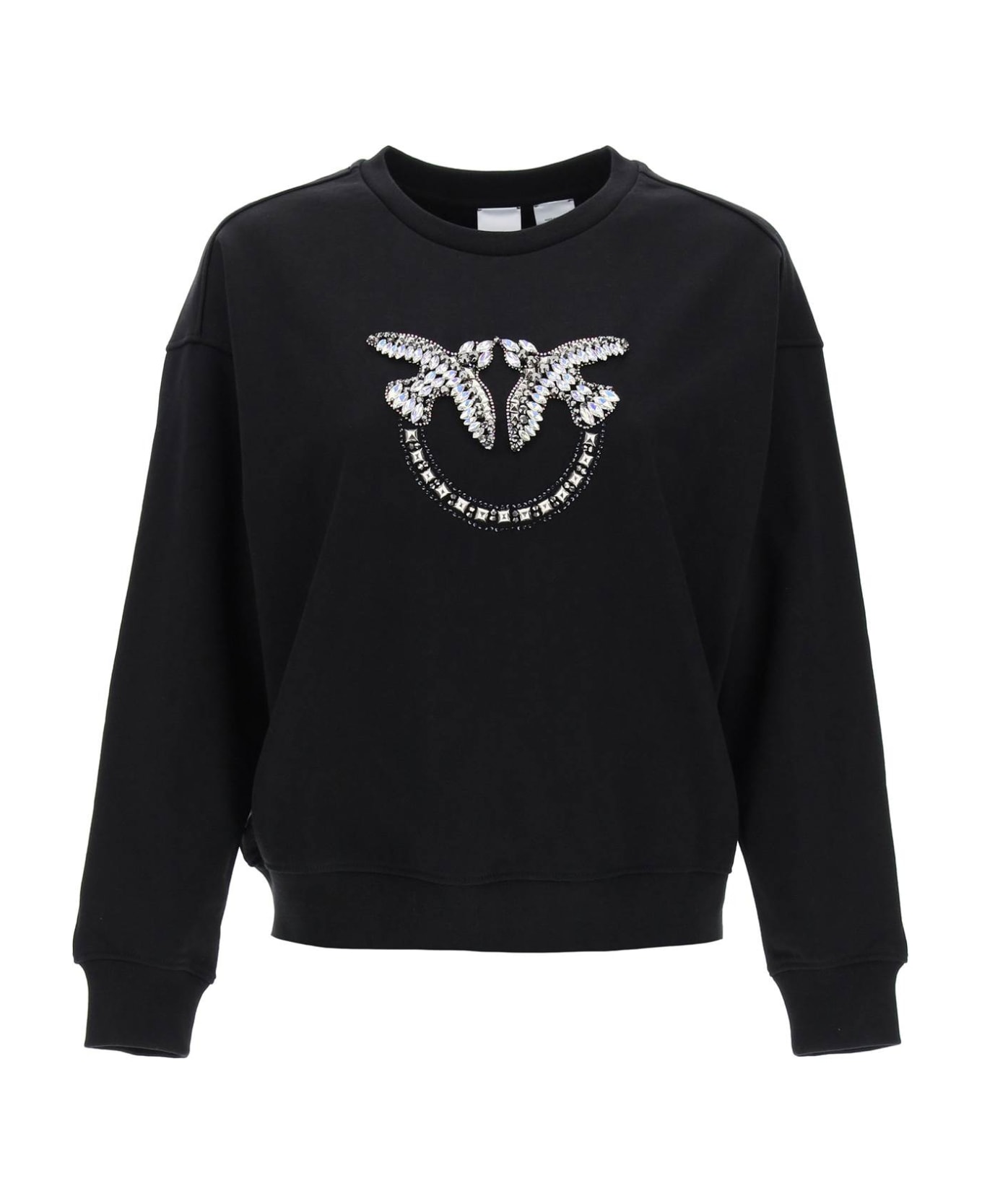 Pinko Nelly Sweatshirt With Love Birds Embroidery - NERO LIMOUSINE