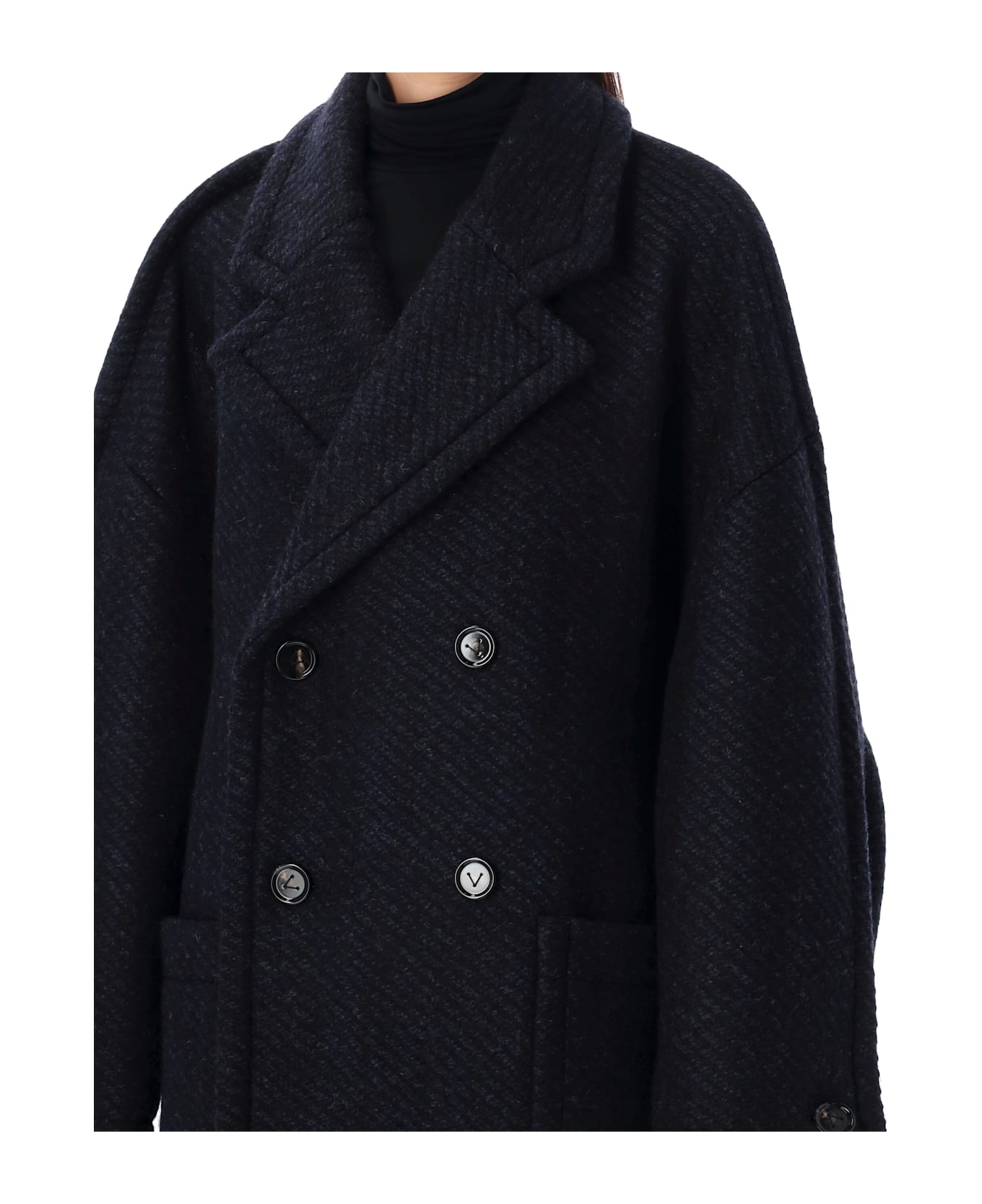 Bottega Veneta Bicolor Diagonal Wool Coat - Black Navy