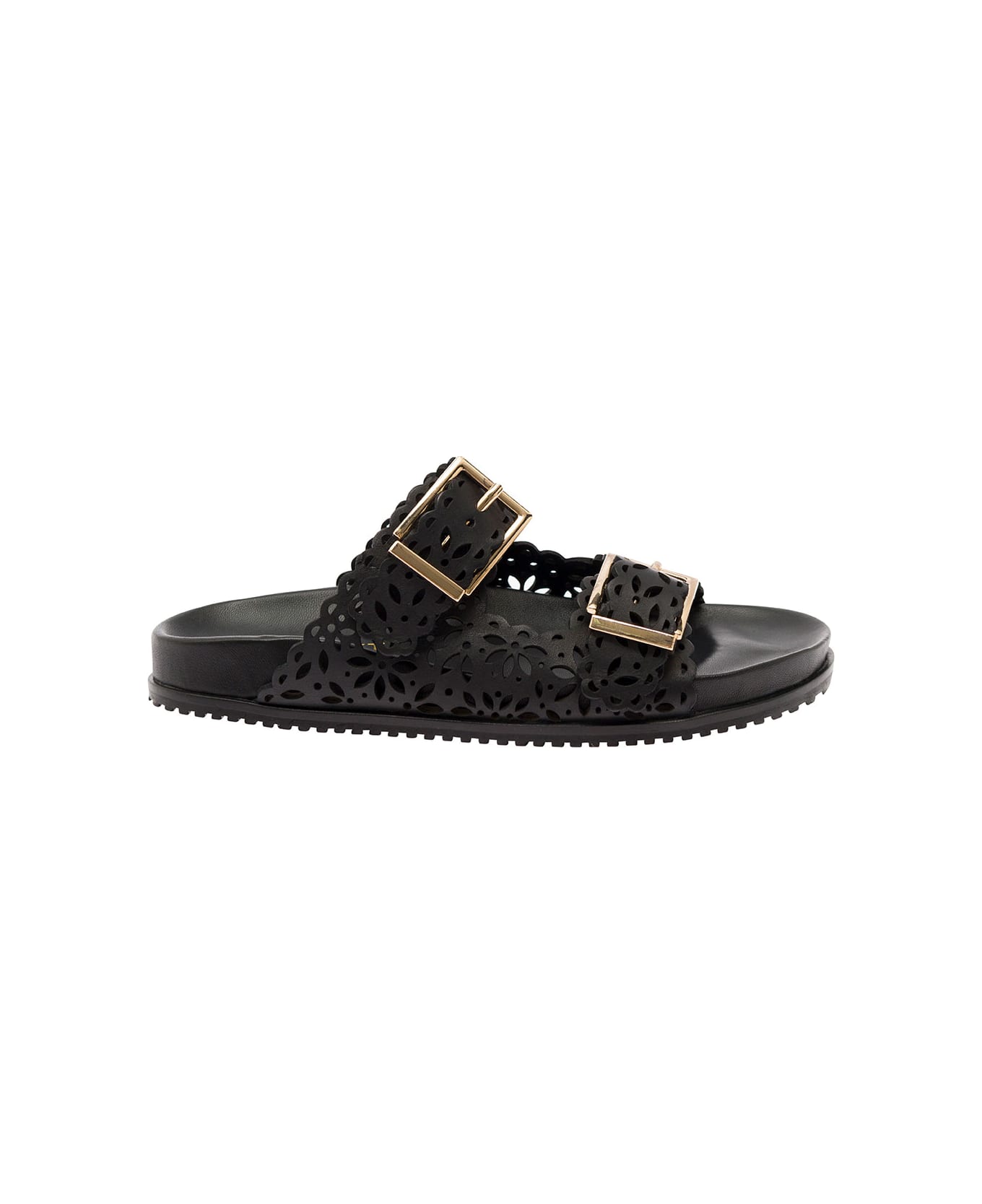 TwinSet Black Slip-on Slippers With Lace Effect Leather Woman - Black