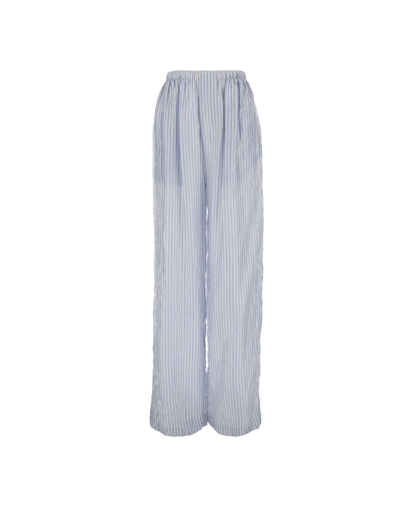 Balenciaga Light Blue And White Striped Pants With Logo Lettering Embroidery In Cupro Woman - Light blue