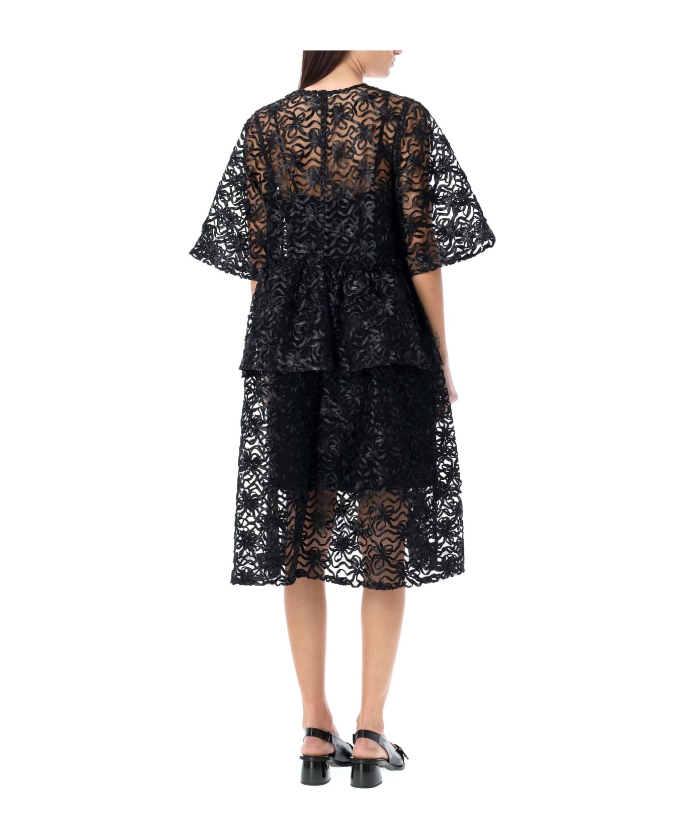 Ganni Ribbon Tulle Flounce Midi Dress - BLACK