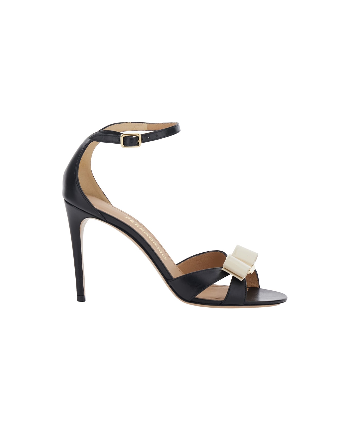 Ferragamo 'vara' Black Heeled Sandal With Bow Detail On The Front In Leather Woman - Black