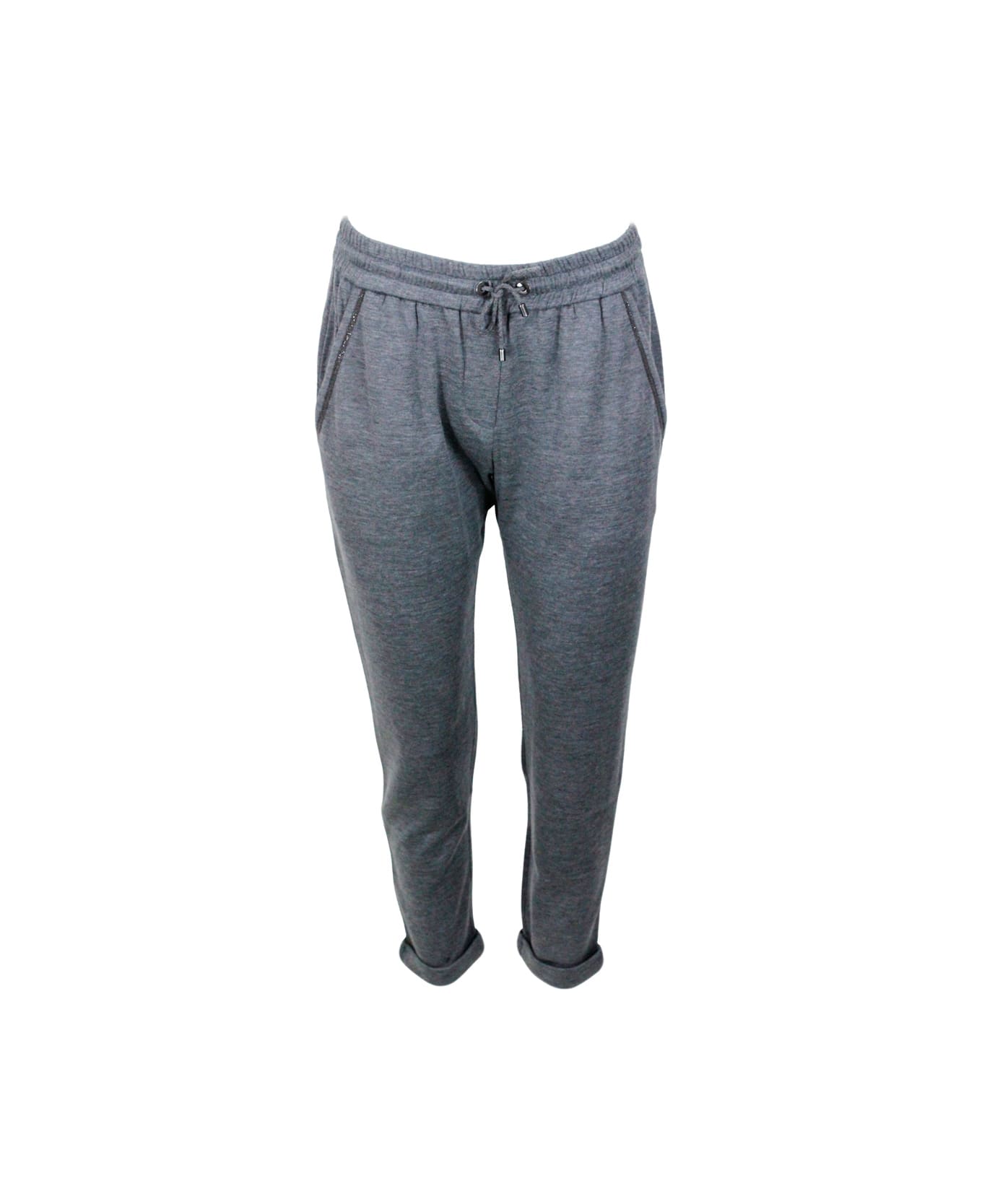 Brunello Cucinelli Jogging Trousers In Cotton And Silk With Monili On The Pockets - Grey スウェットパンツ