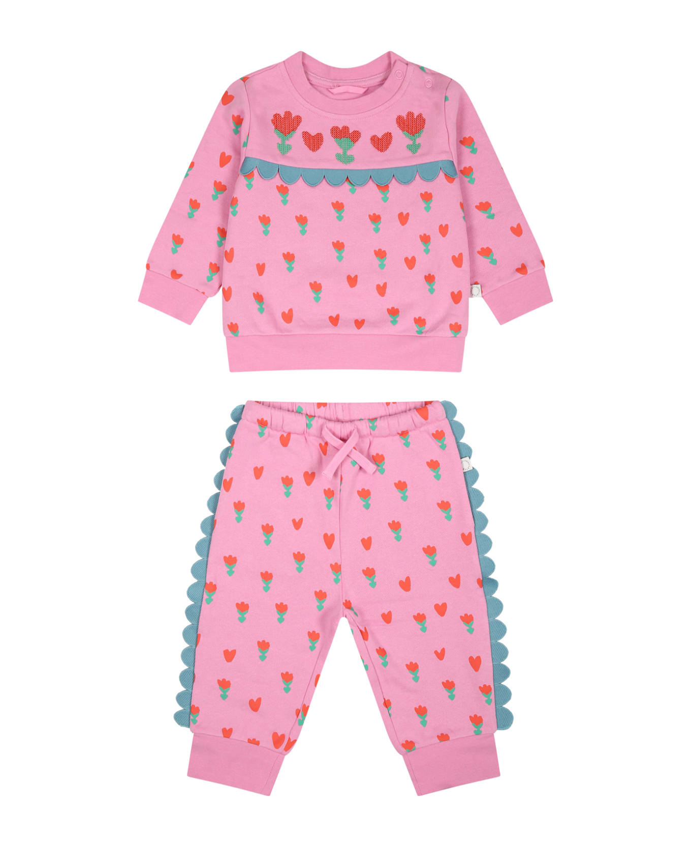 Stella McCartney Kids Pink Tracksuit For Baby Girl With Poppies And Hearts - Pink