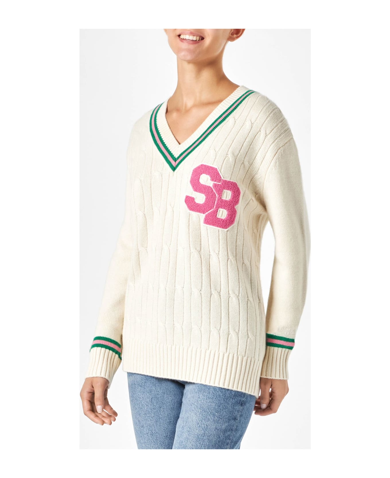 MC2 Saint Barth Woman V-neck Braided Sweater With Patch - WHITE