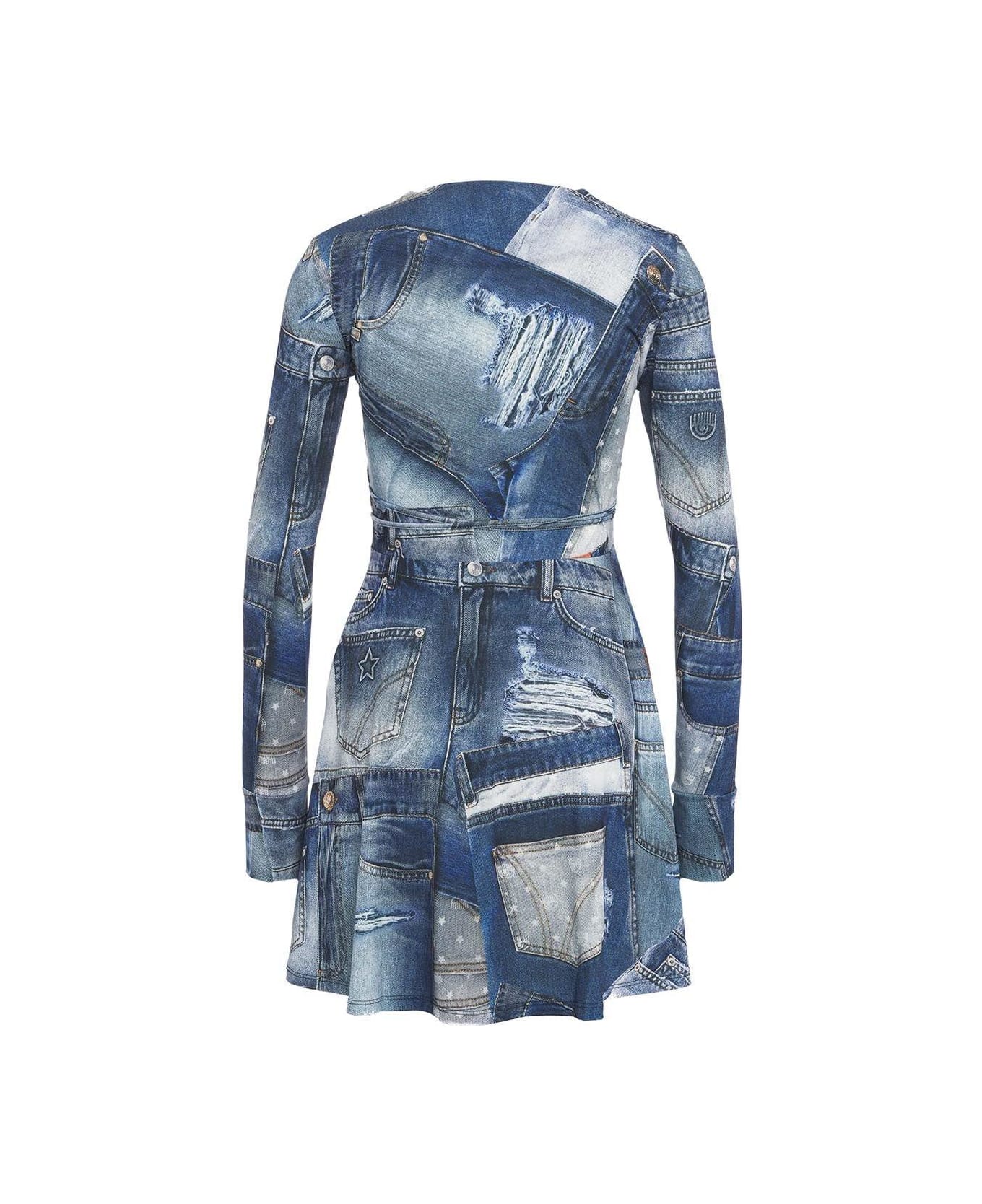 Chiara Ferragni Denim Printed Plunging V-neck Mini Dress - Blue
