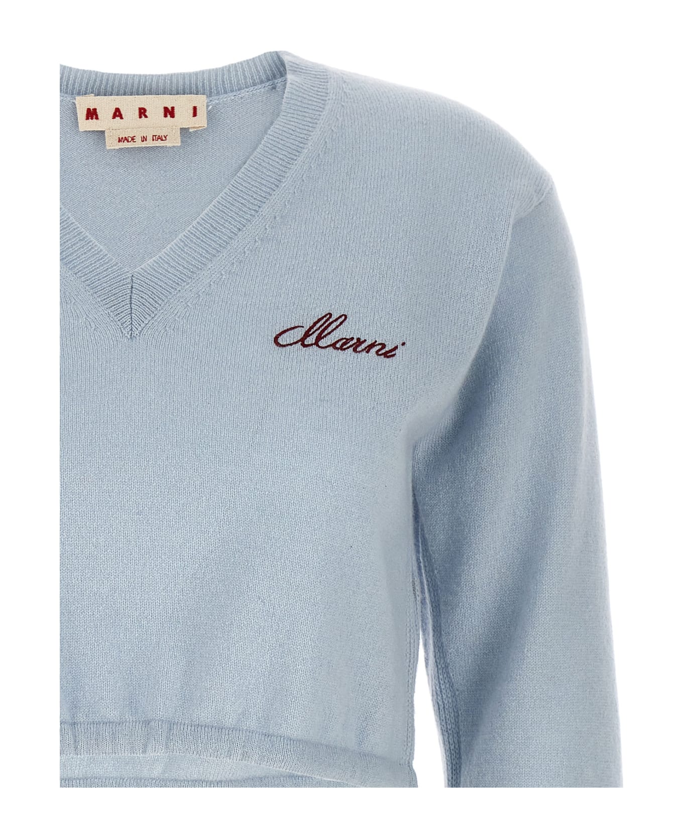 Marni Light Blue Short Sweater With Logo And Drawstring - Blue