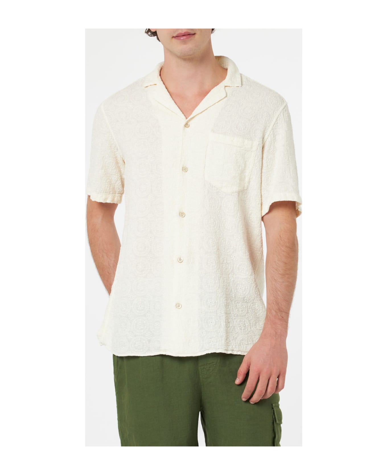 MC2 Saint Barth Man Linen Shirt Kalea With Flower Embroidery - WHITE