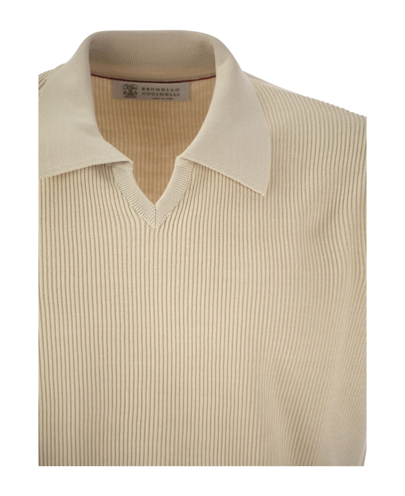 Brunello Cucinelli Cotton Rib Knit Polo Shirt - Oat