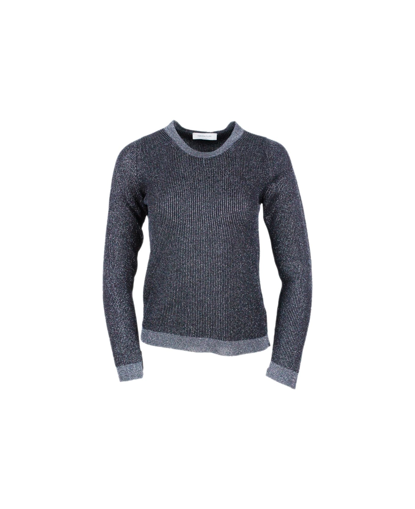 Fabiana Filippi Long-sleeved Crew-neck Sweater In Organic Cotton And Lurex With Ribbed Knit - Blu