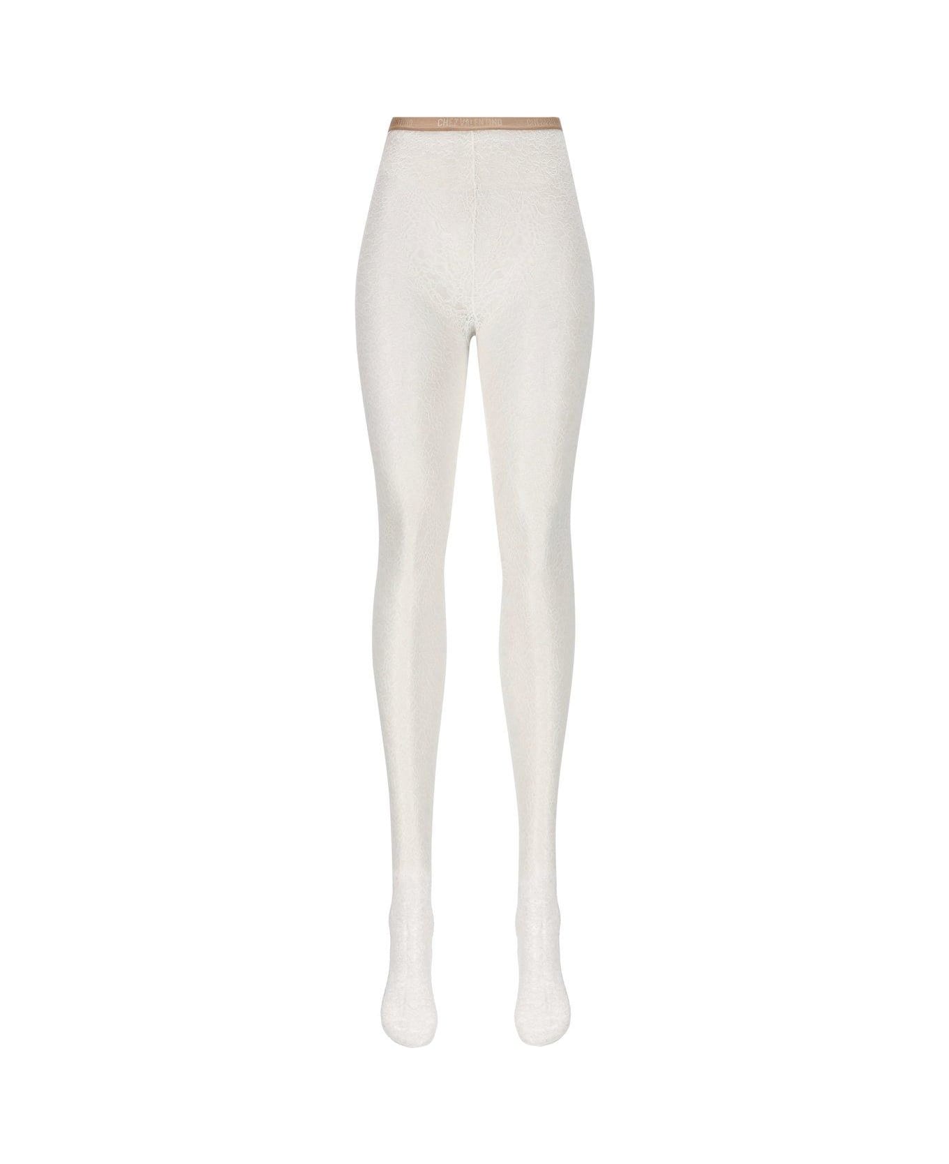 Valentino Garavani Logo Waistband Lace Detailed Tights - Bianco