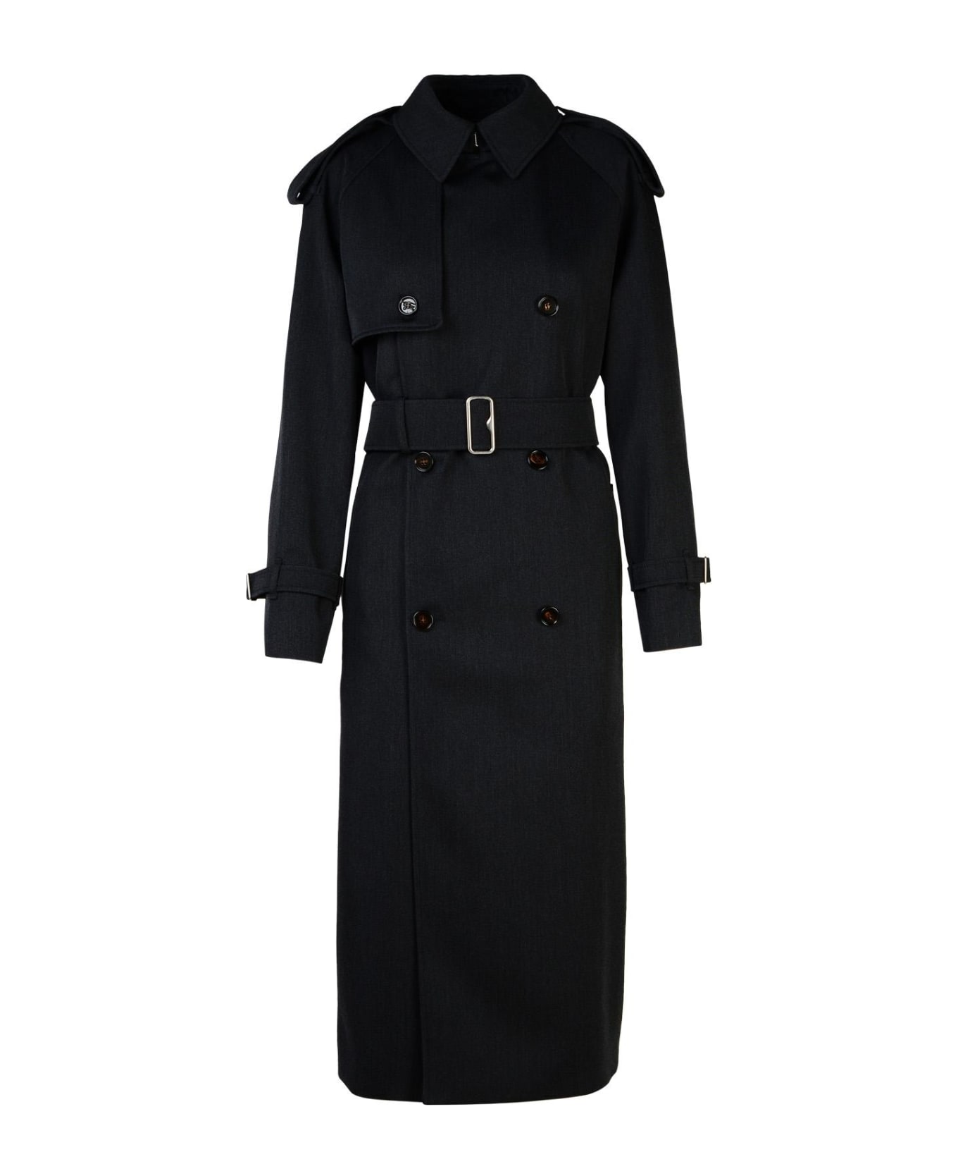 Burberry Grey Wool Long Trench Coat - Grey