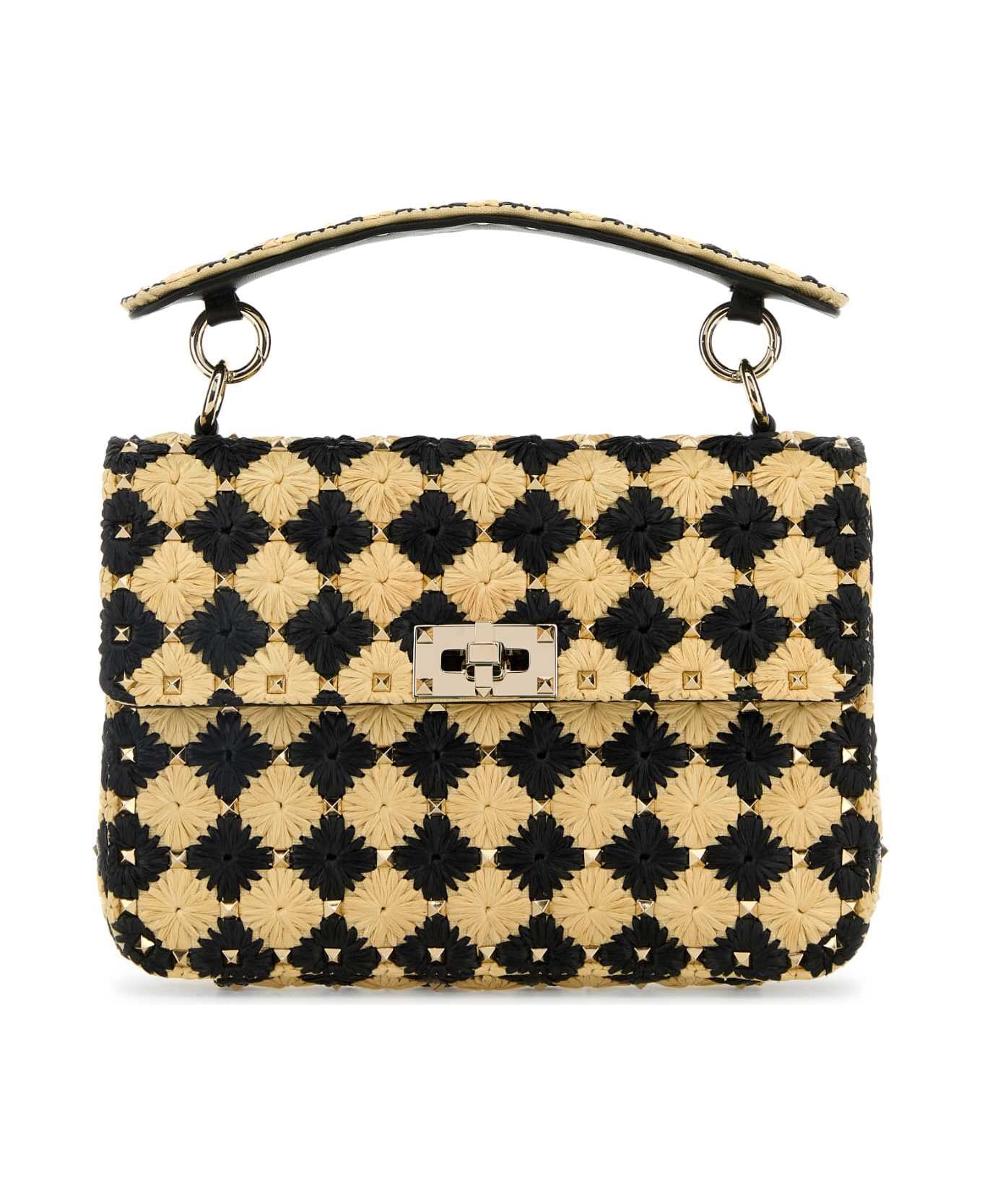 Valentino Garavani Two-tone Raffia Medium Rockstud Spike Handbag - NATURALENERO