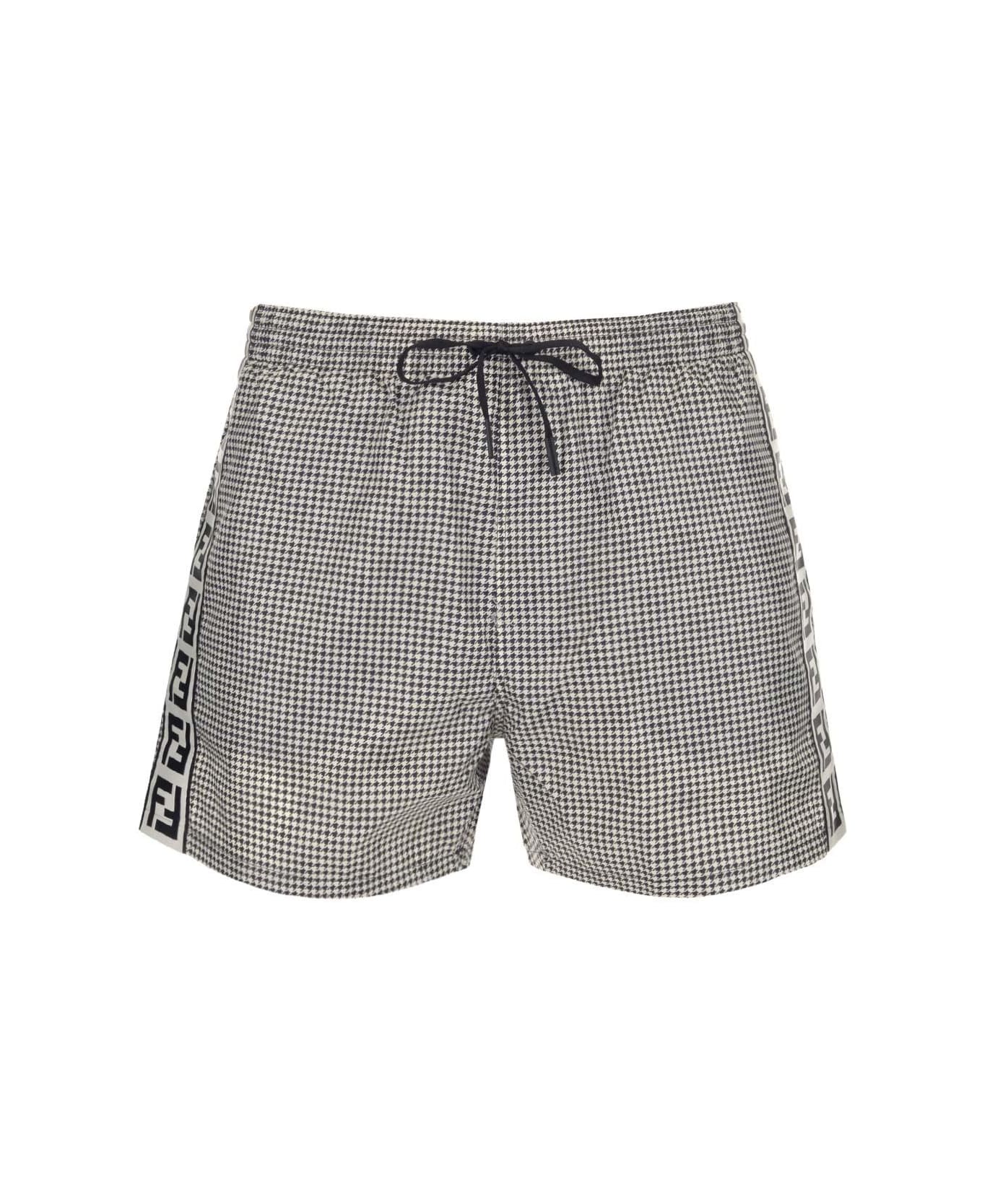 Fendi Houndstooth Logo Stripe Swim Trunks - Plaster black