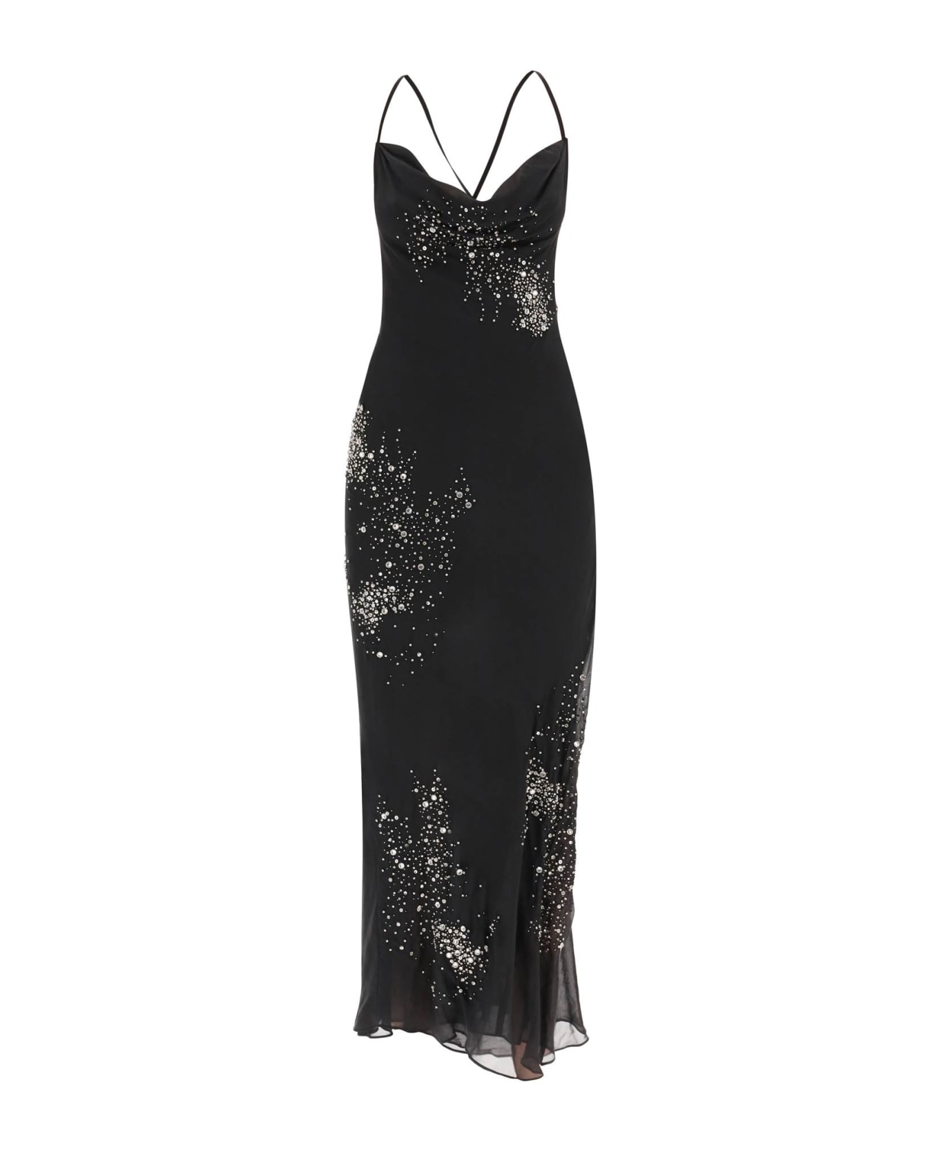 Des Phemmes Silk Chiffon Maxi Dress With Crystal Appliques - BLACK (Black)