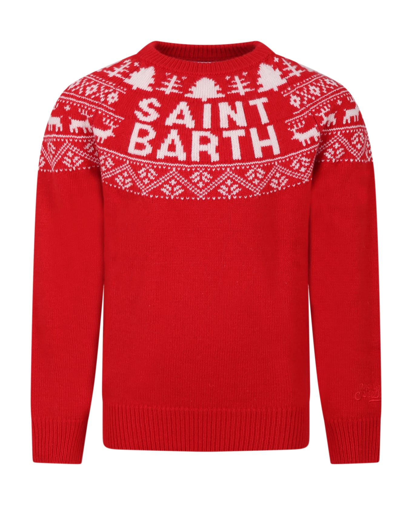 MC2 Saint Barth Red Sweater For Kids With Jacquard Logo Print - Red