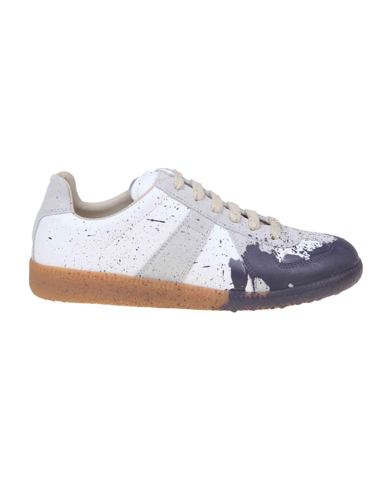 Maison Margiela Leather Sneakers With Paint Detail - White/Grey スニーカー