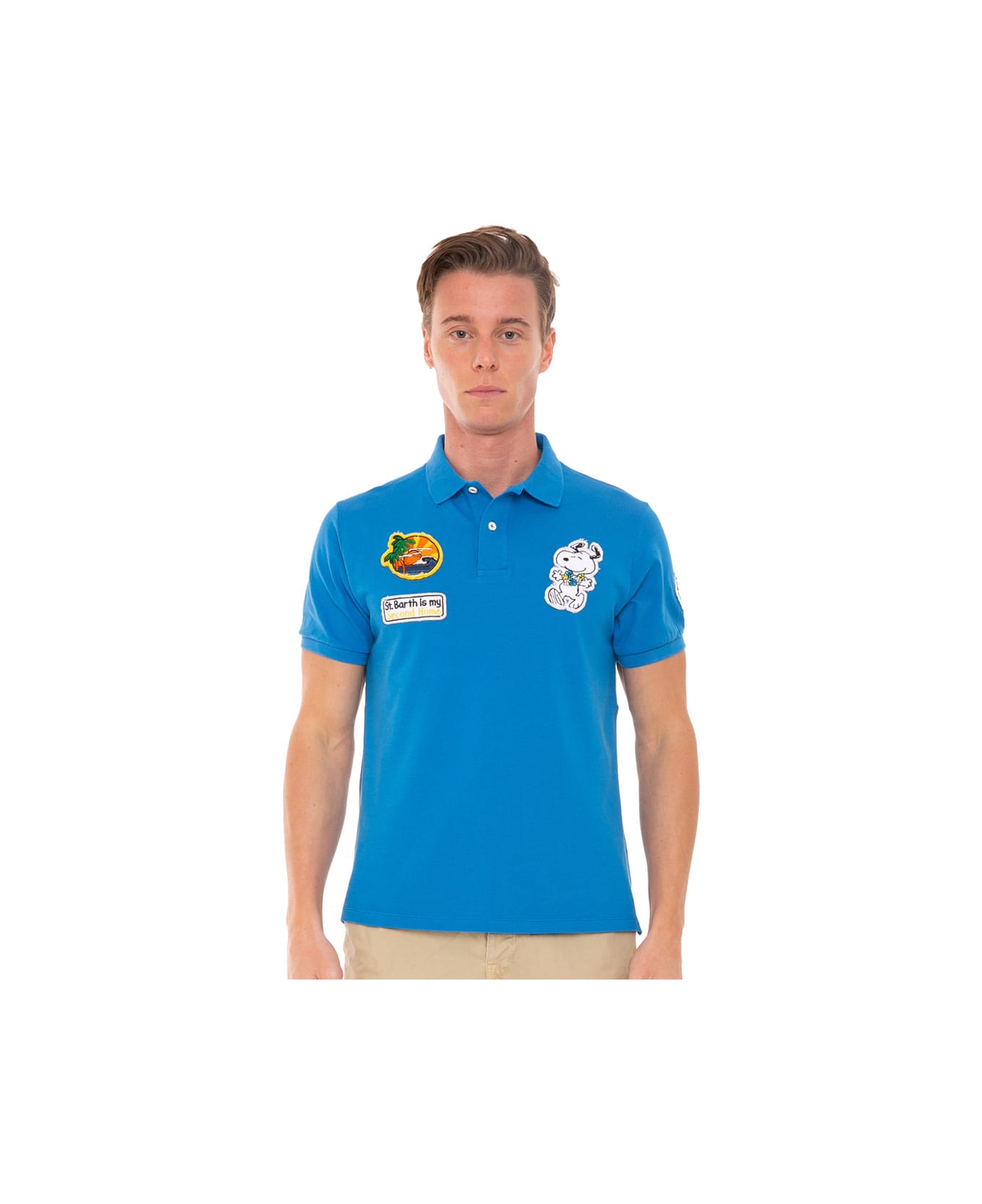 MC2 Saint Barth Man Stretch Piquet Polo With Snoopy Patch | Snoopy - Peanuts Special Edition - BLUE
