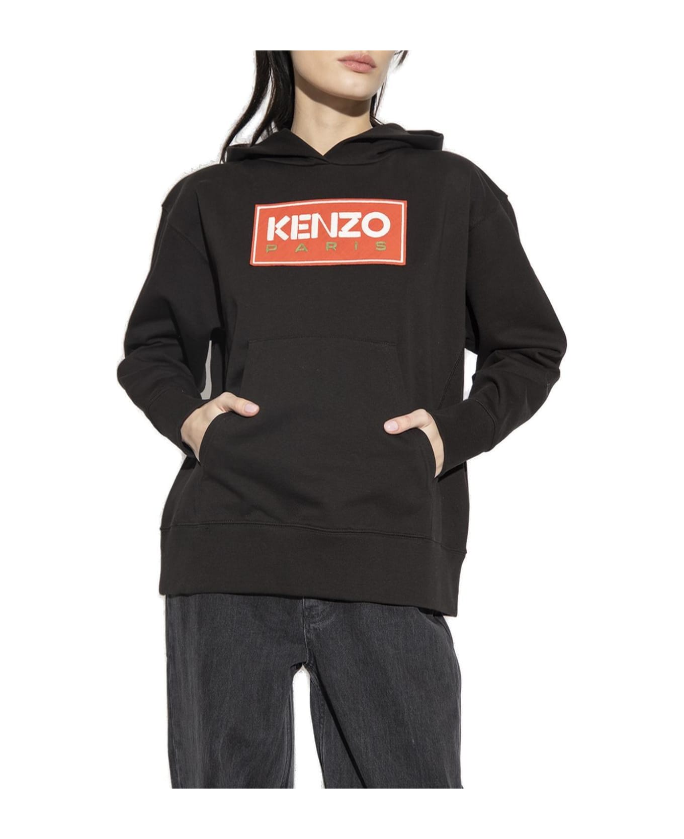 Kenzo Logo Embroidered Oversized Hoodie - Nero