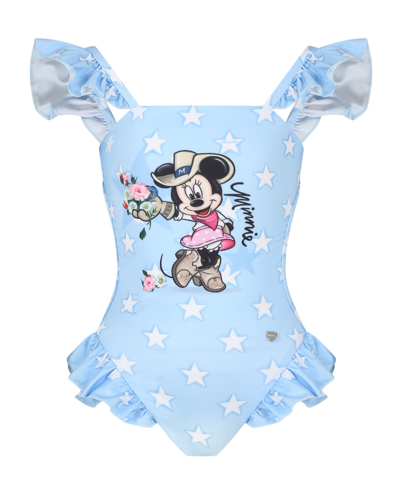 Monnalisa Sky Blue Swimsuit For Baby Girl With Minnie - Light Blue 水着