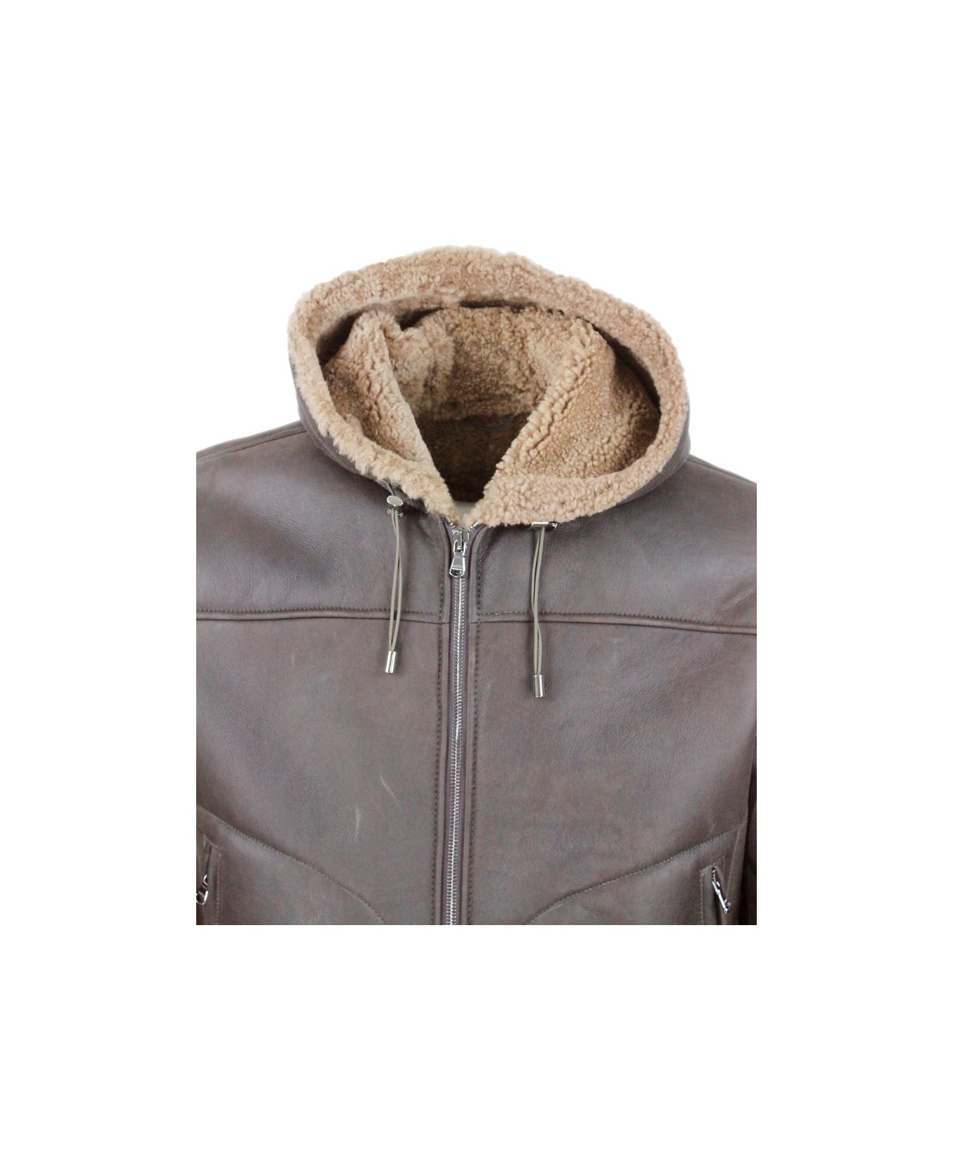 Barba Napoli Shearling Bomber Jacket With Hood With Drawstring And Trims In Stretch Knit And Zip Closure - Brown