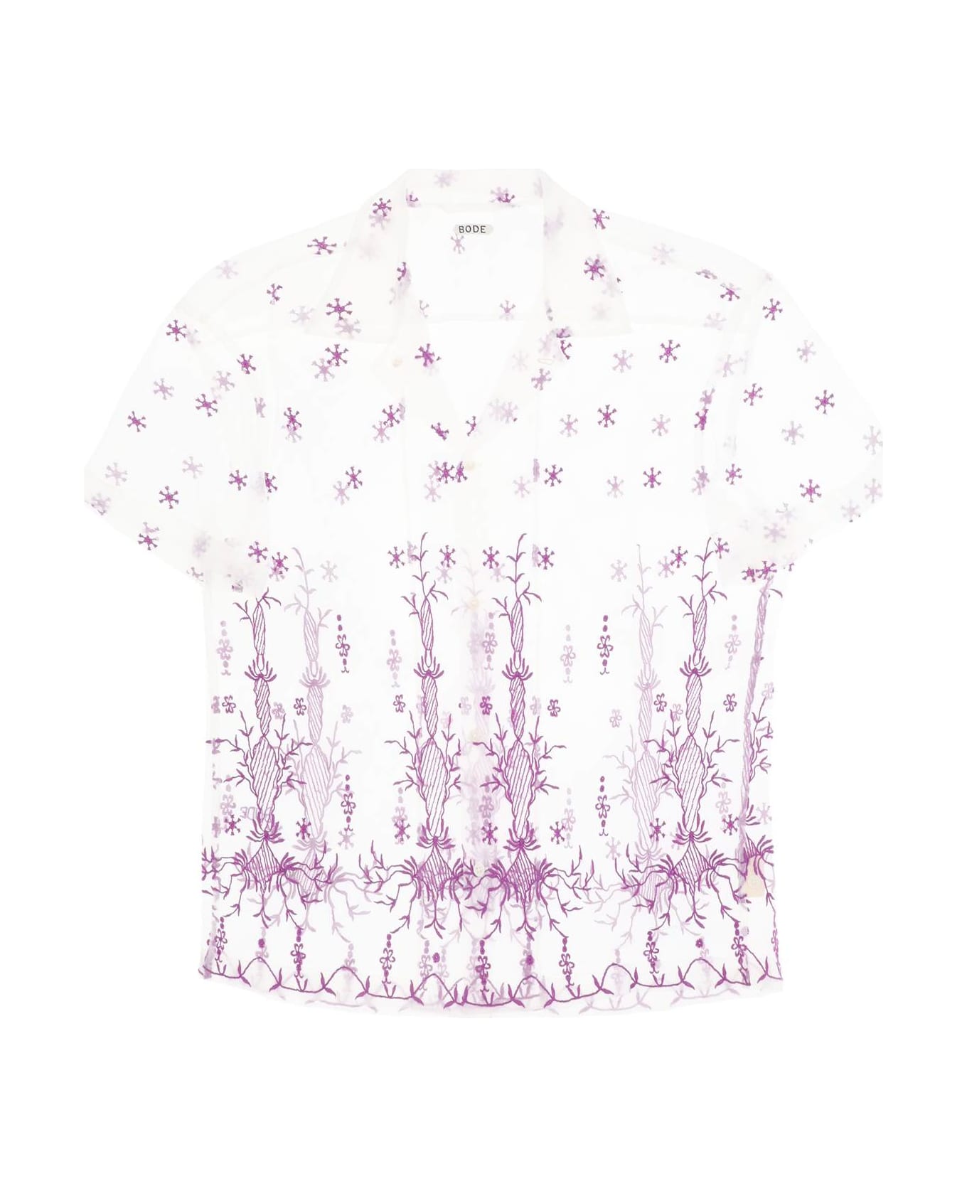 Bode Lavandula Bowling Shirt In Embroidered Tulle - PURPLE WHITE (White)