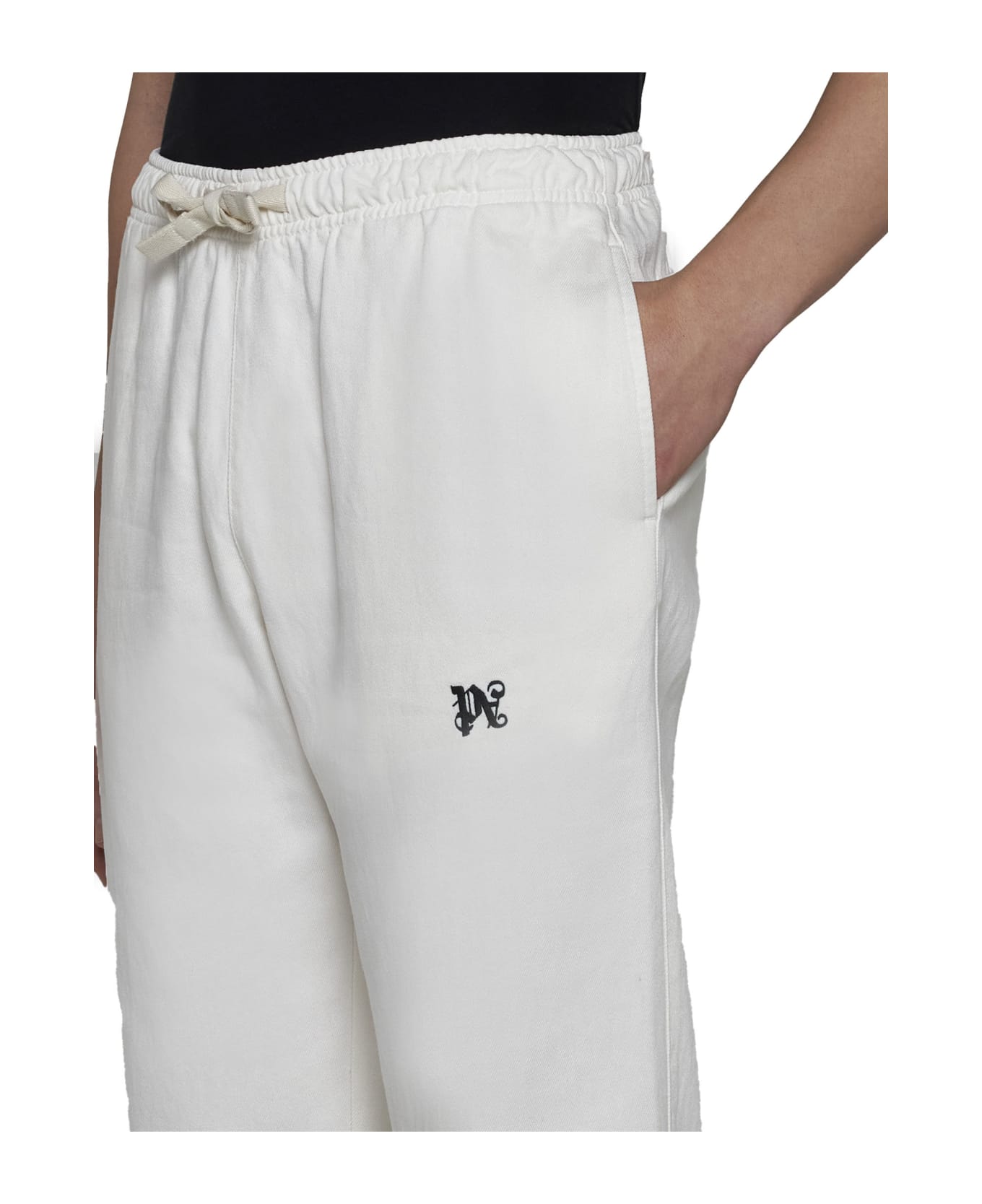 Palm Angels Monogram Embroidered Drawstring Pants - Off white black ボトムス
