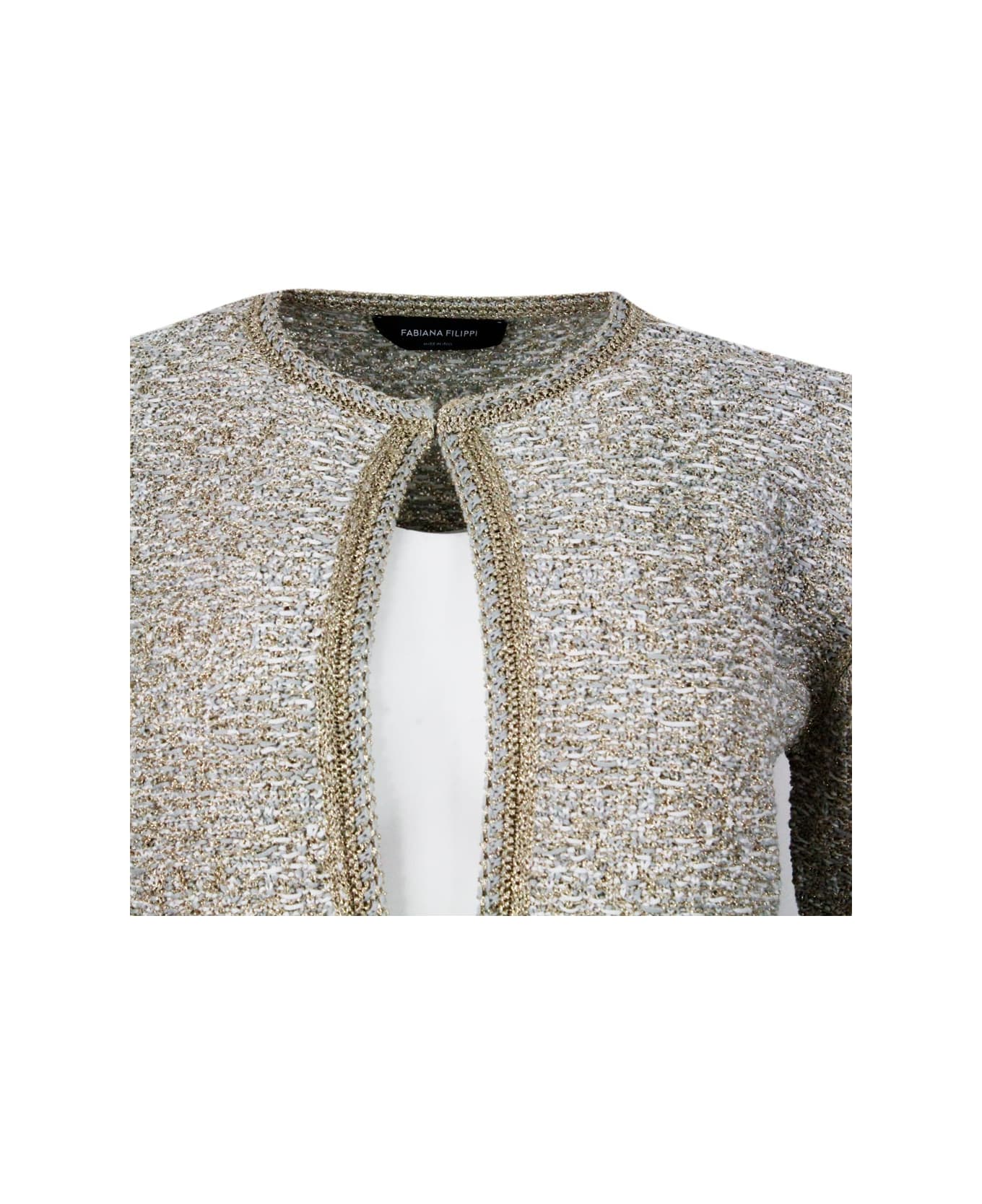 Fabiana Filippi Chanel-style Jacket Sweater Open On The Front And With Hook Closure Embellished With Bright Lurex Threads - Grigio Chiaro/Bianco/Oro カーディガン