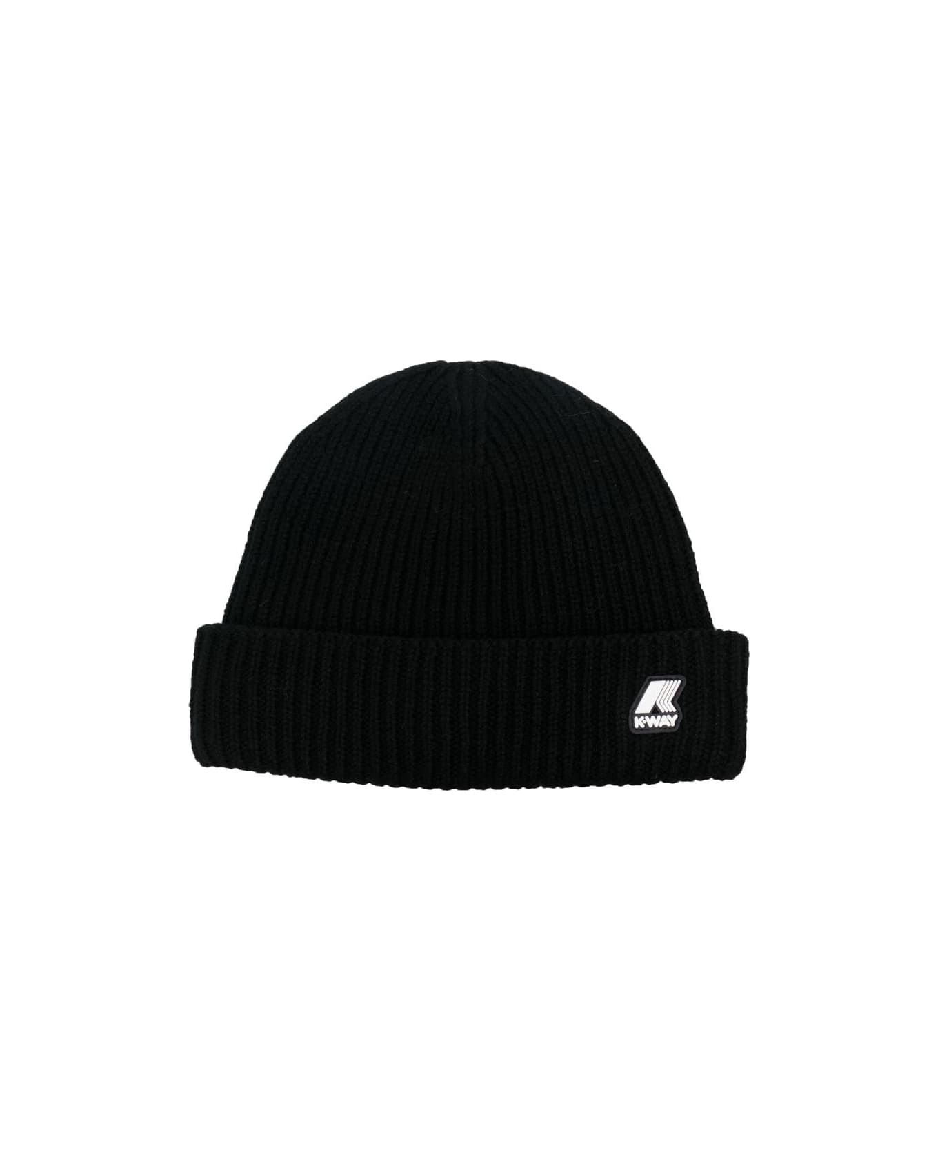 K-Way Ribbed Hat With Patch - Black