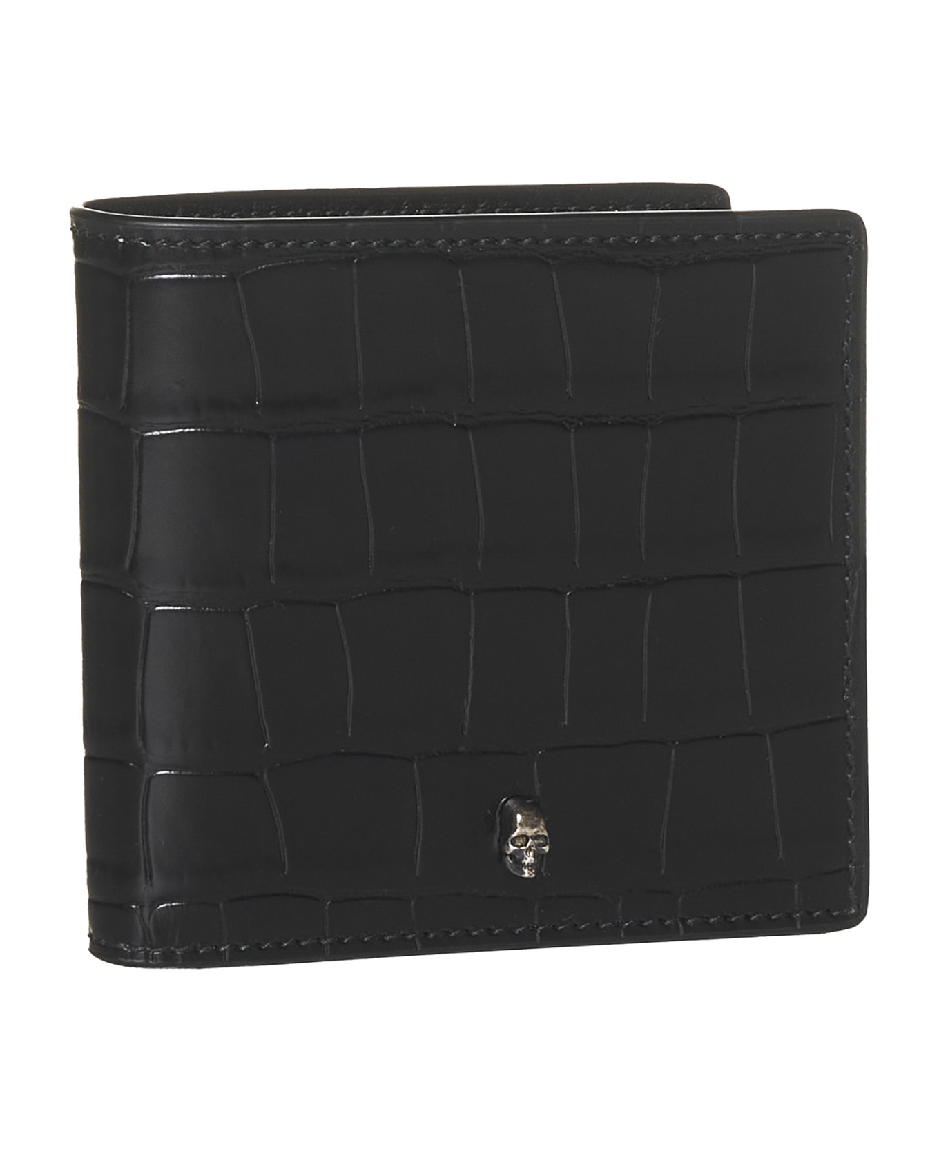 Alexander McQueen Bi-fold Wallet With Mini Skull Patch In Croco Embossed Leather - Nero 財布