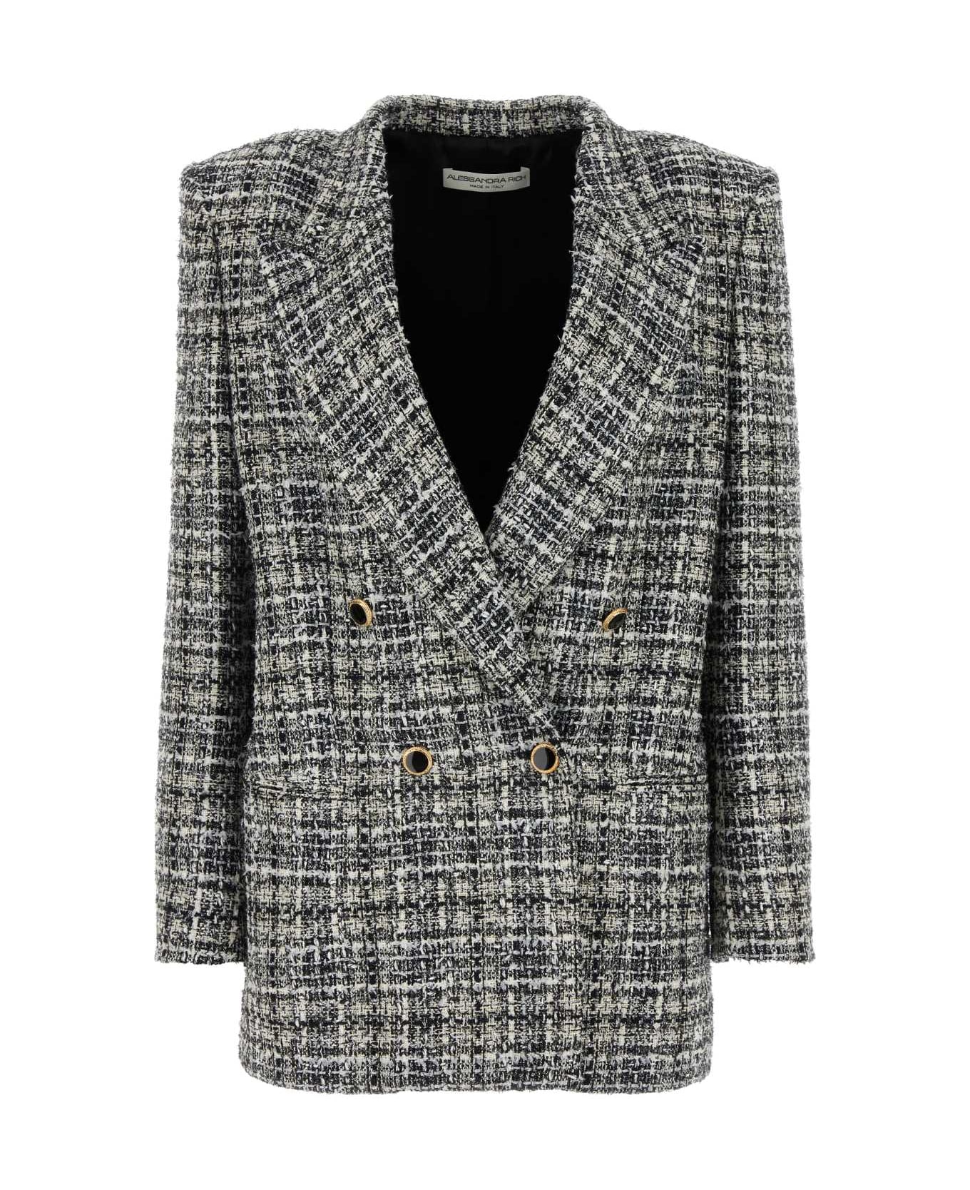 Alessandra Rich Embroidered Tweed Oversize Blazer - WHITEBLACK