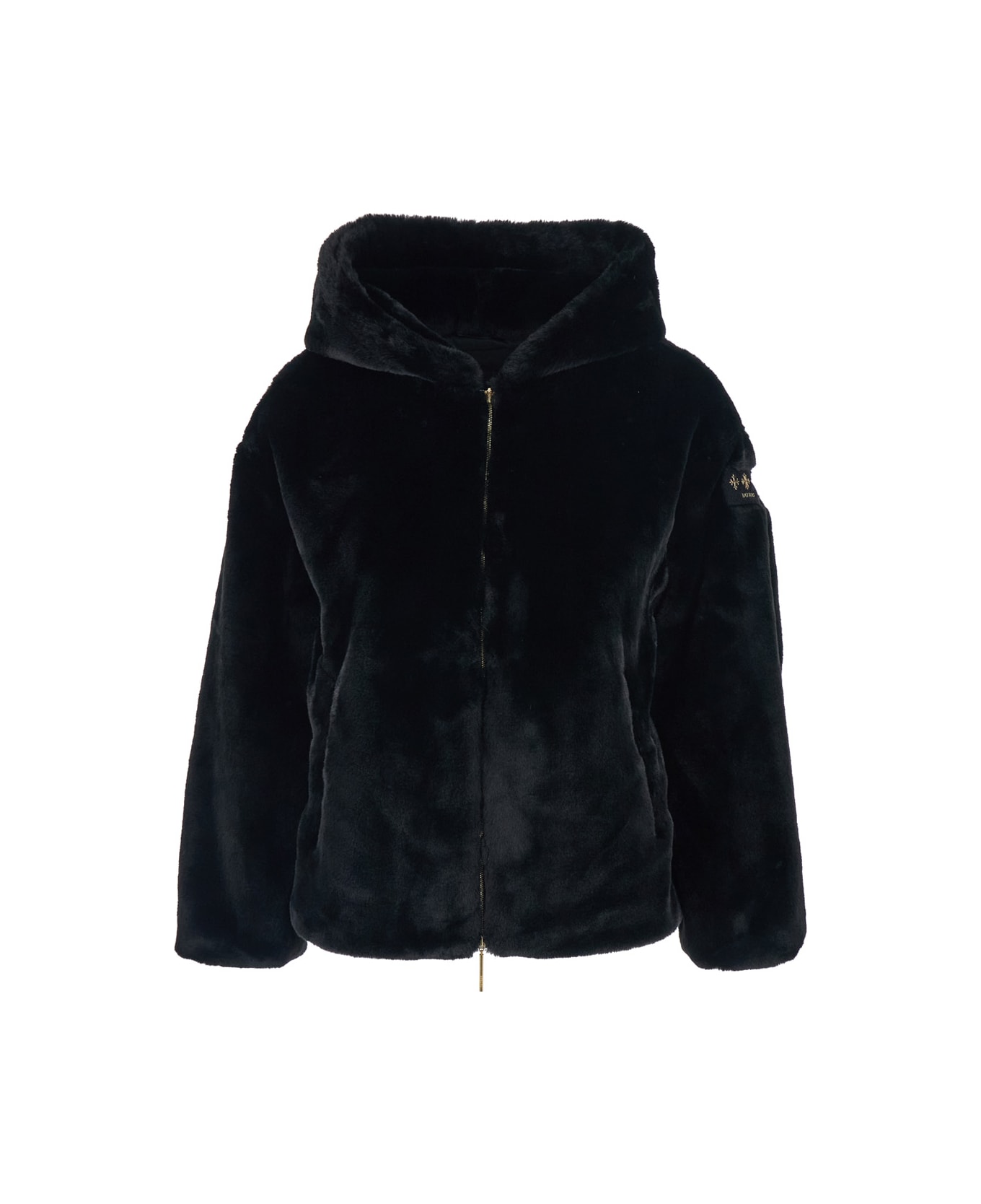 TATRAS 
yumola
 Black Jacket With Drawstring Hood And Logo Patch On The Sleeve In Ecofur Woman - Black